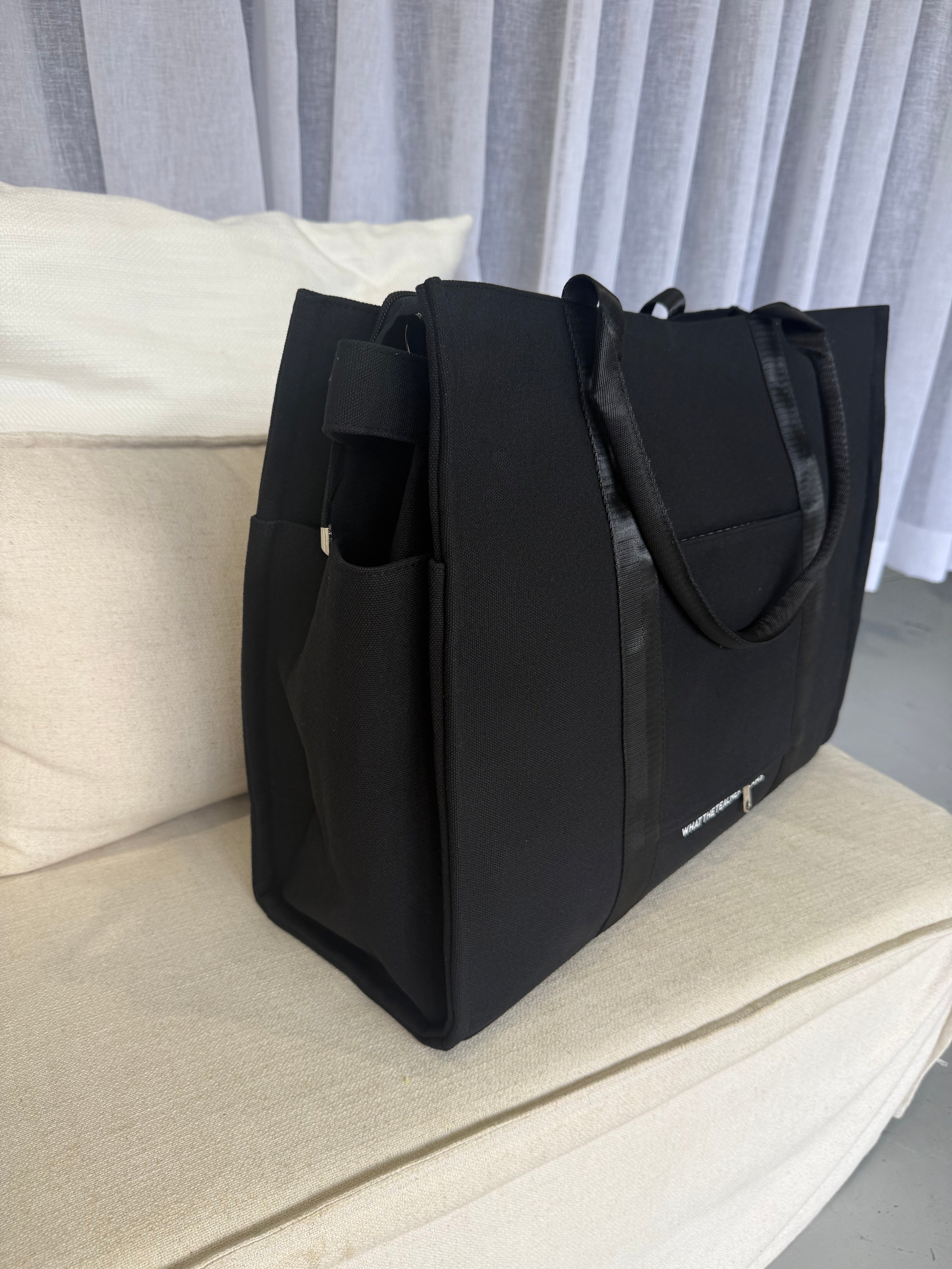 Black canvas work tote with A4 sized zipped pocket