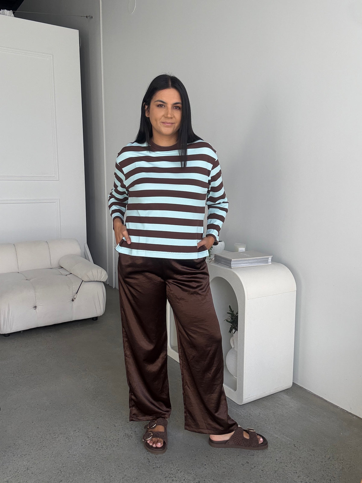 Cassie Stripe Top Brown/Blue, cotton long sleeve top