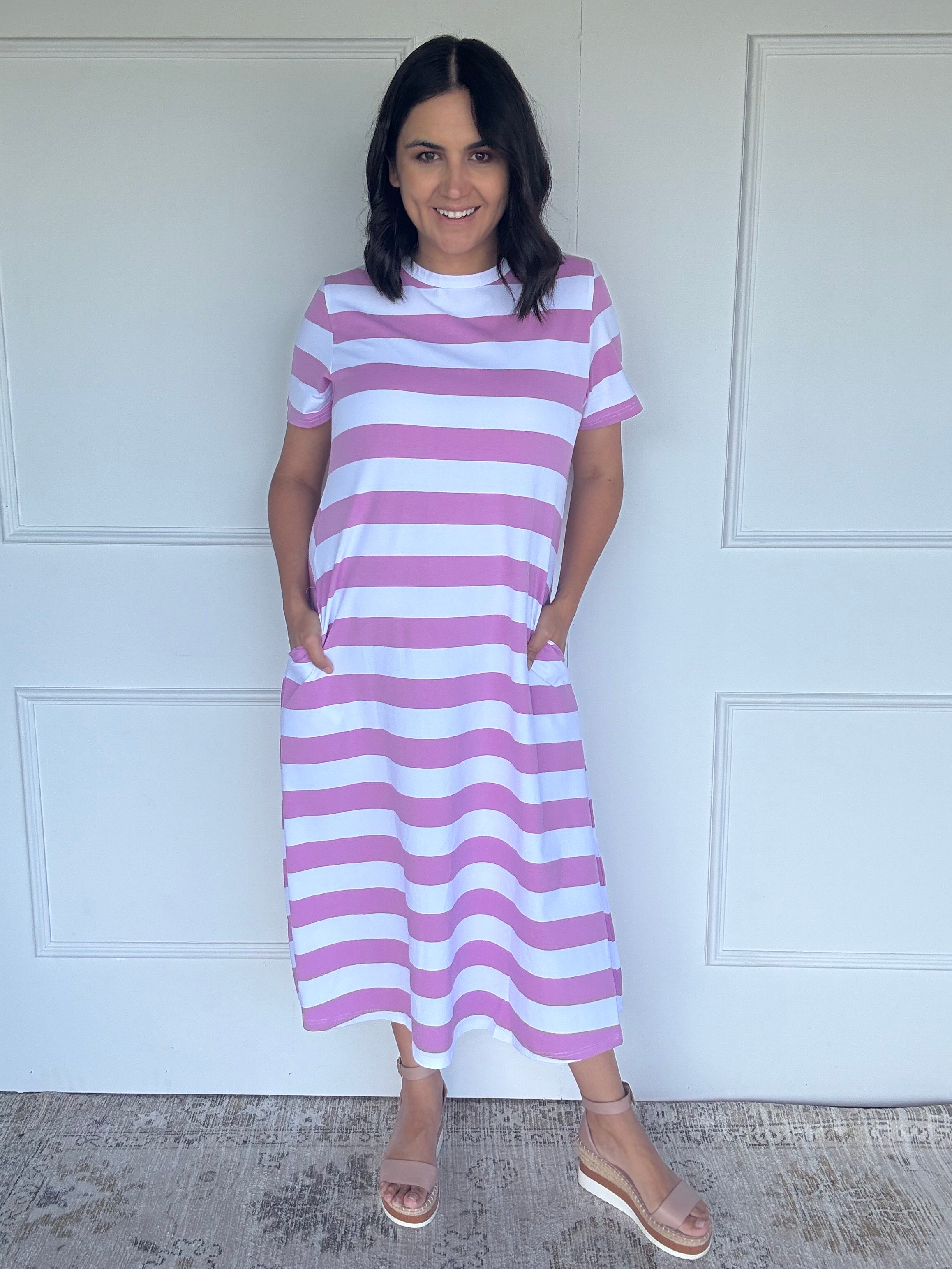Cotton Jersey Stripe Dress Orchid/White