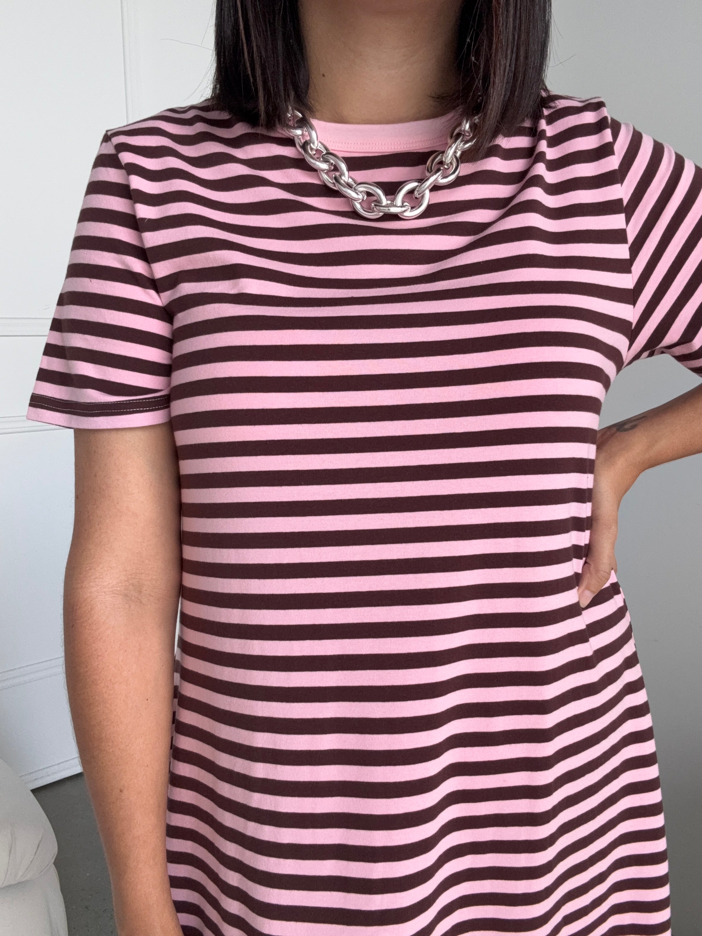 Cotton Jersey Stripe Dress Brown/Pink