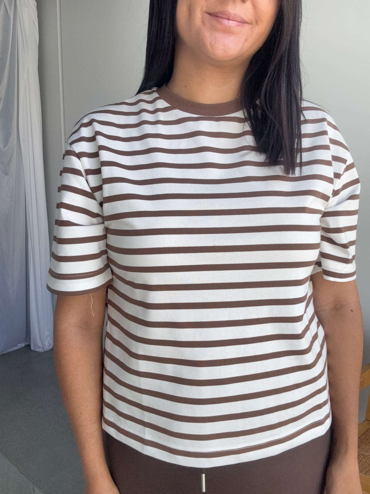 Naomi Stripe Tee Mocha/White, cotton striped tee