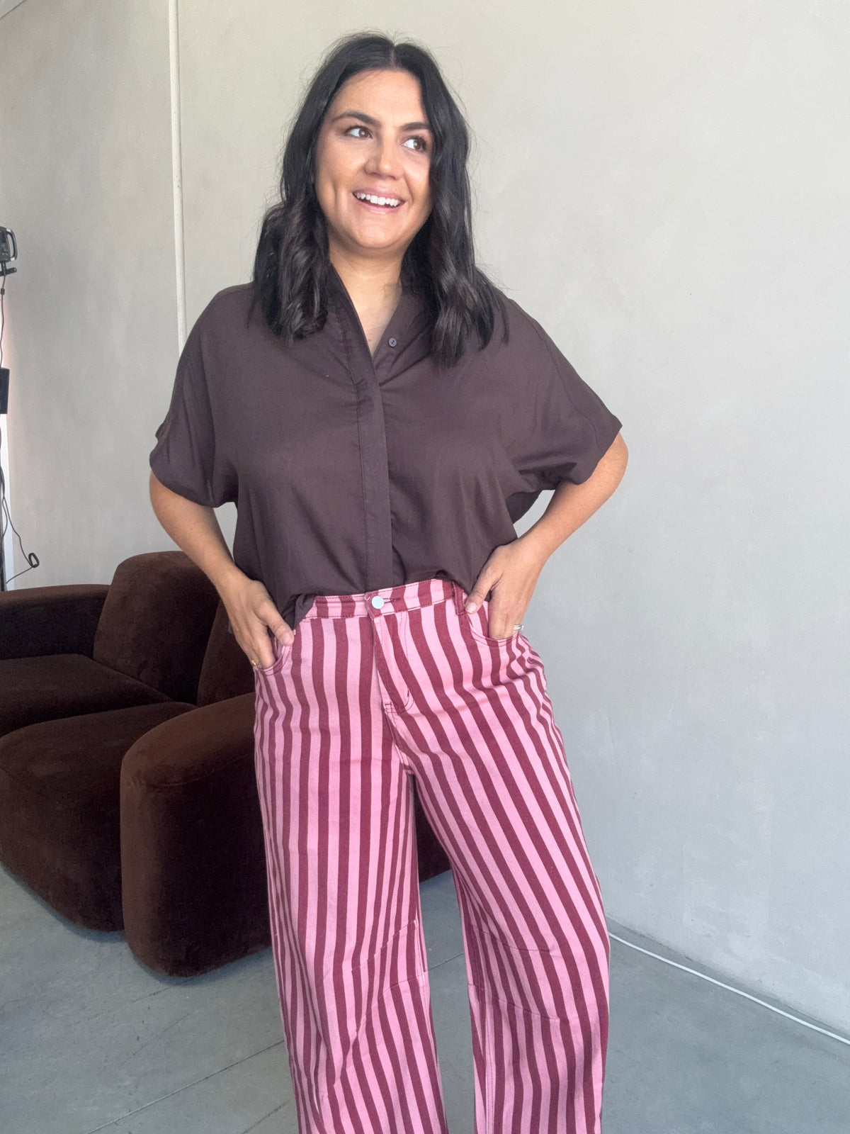 Tahni Stripe Barrel Jean Pink/Burgundy