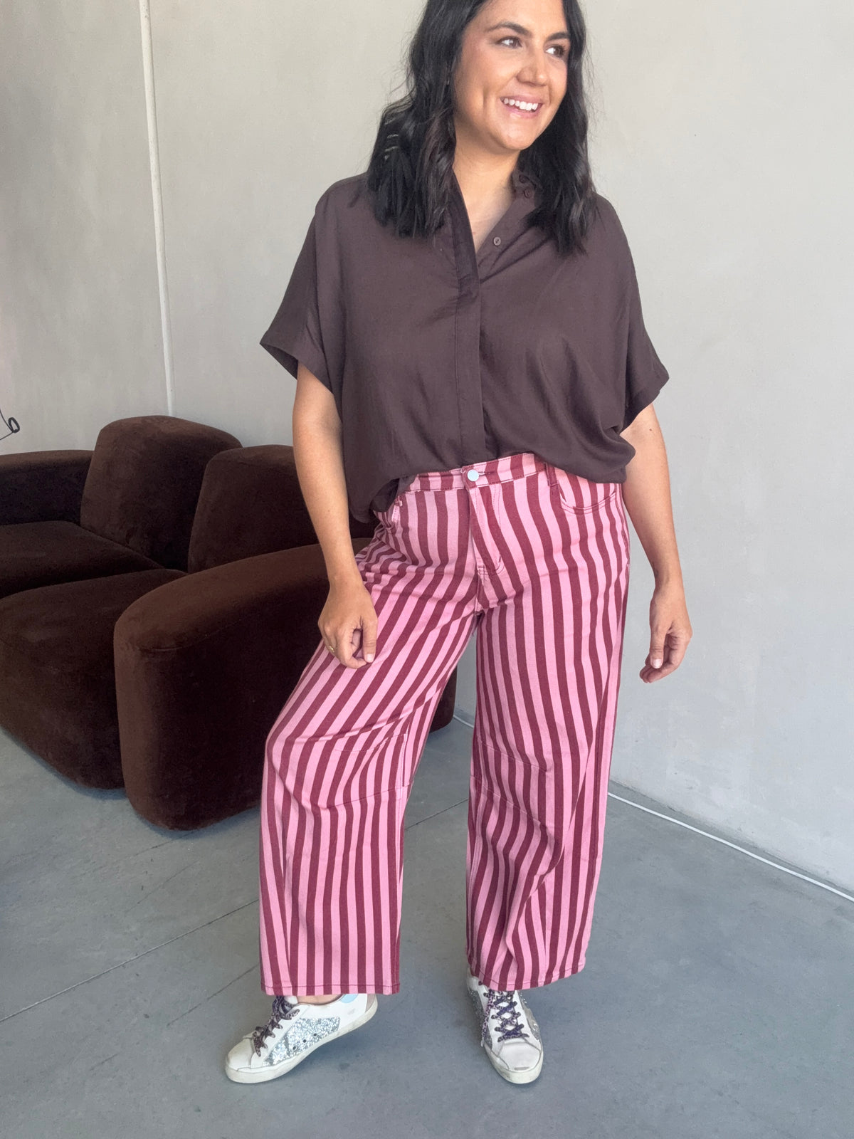 Tahni Stripe Barrel Jean Pink/Burgundy