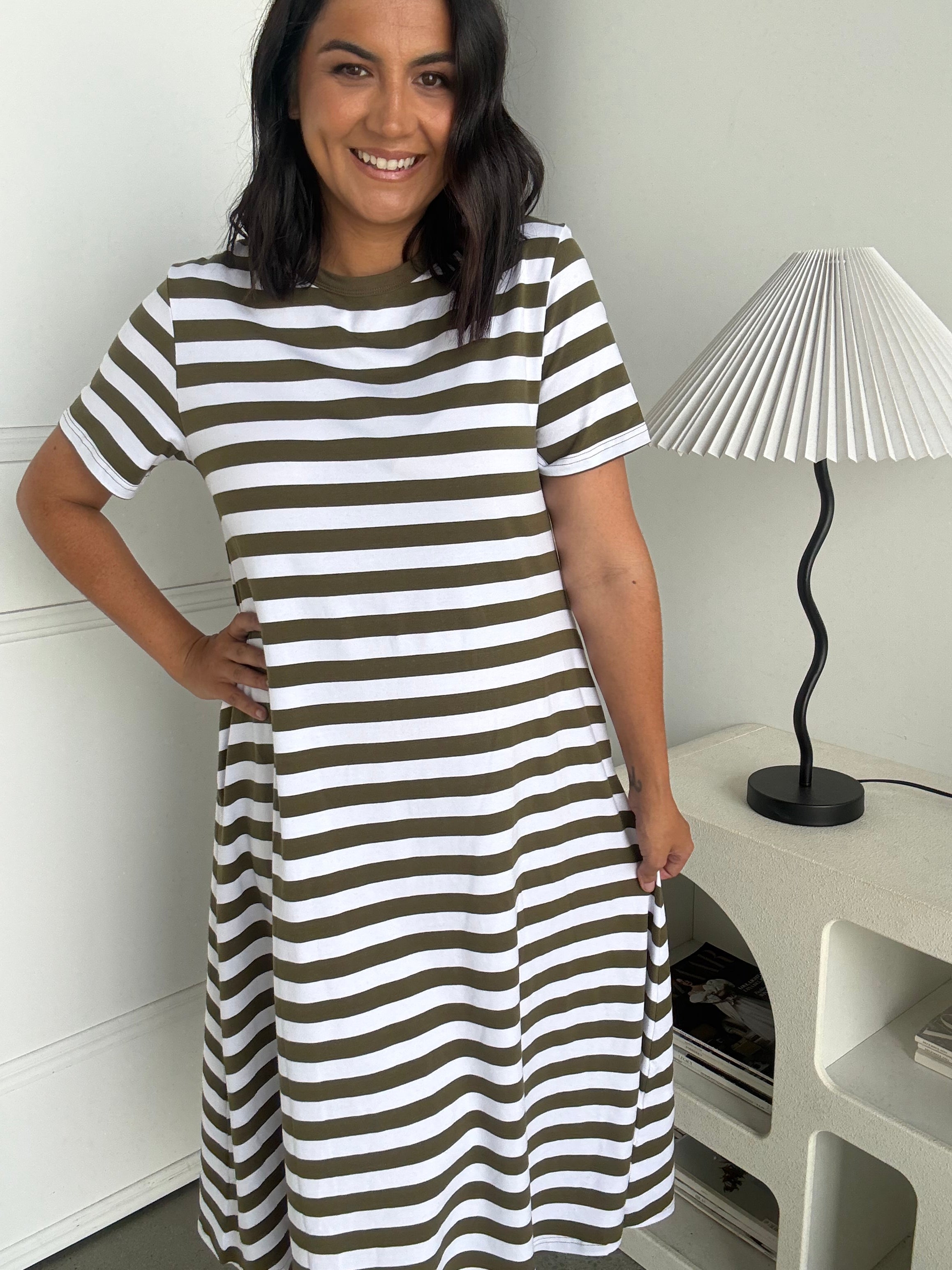Cotton Jersey Stripe Dress Khaki/White