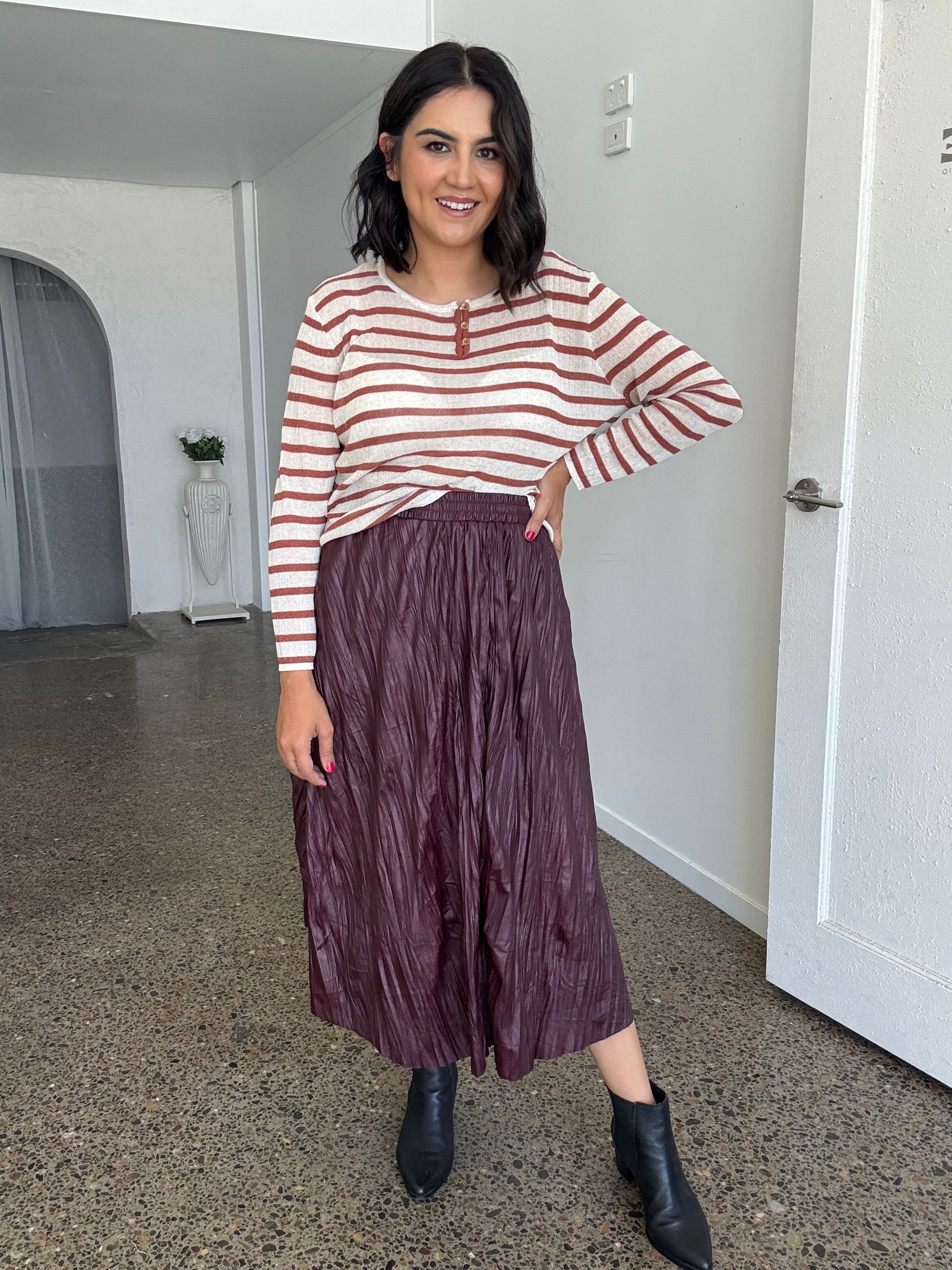 Maxwell Stripe Long Sleeve Knit Top Burnt Umber