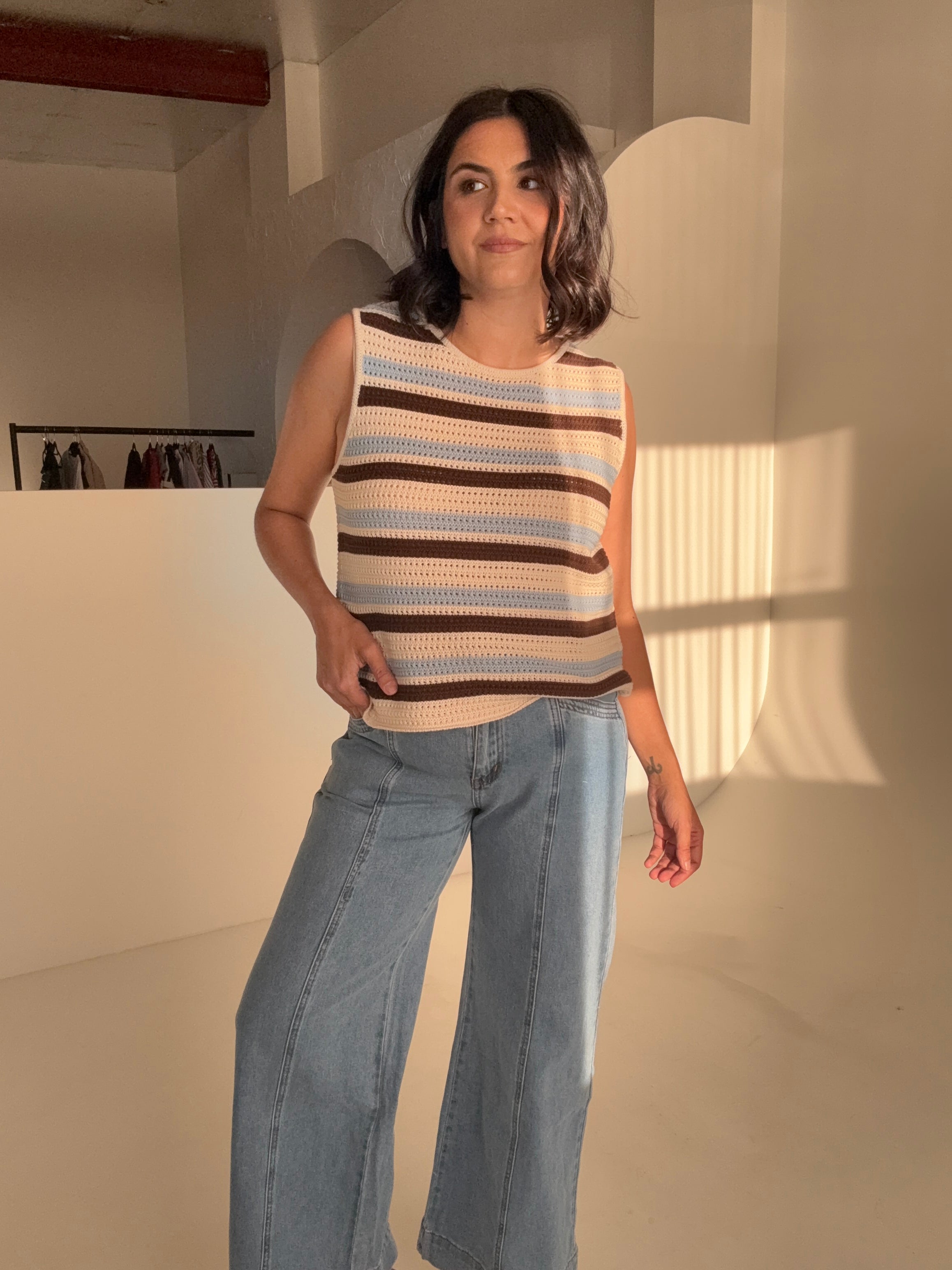 Margot Mesh Knit Tank Ecru/Choc Stripe