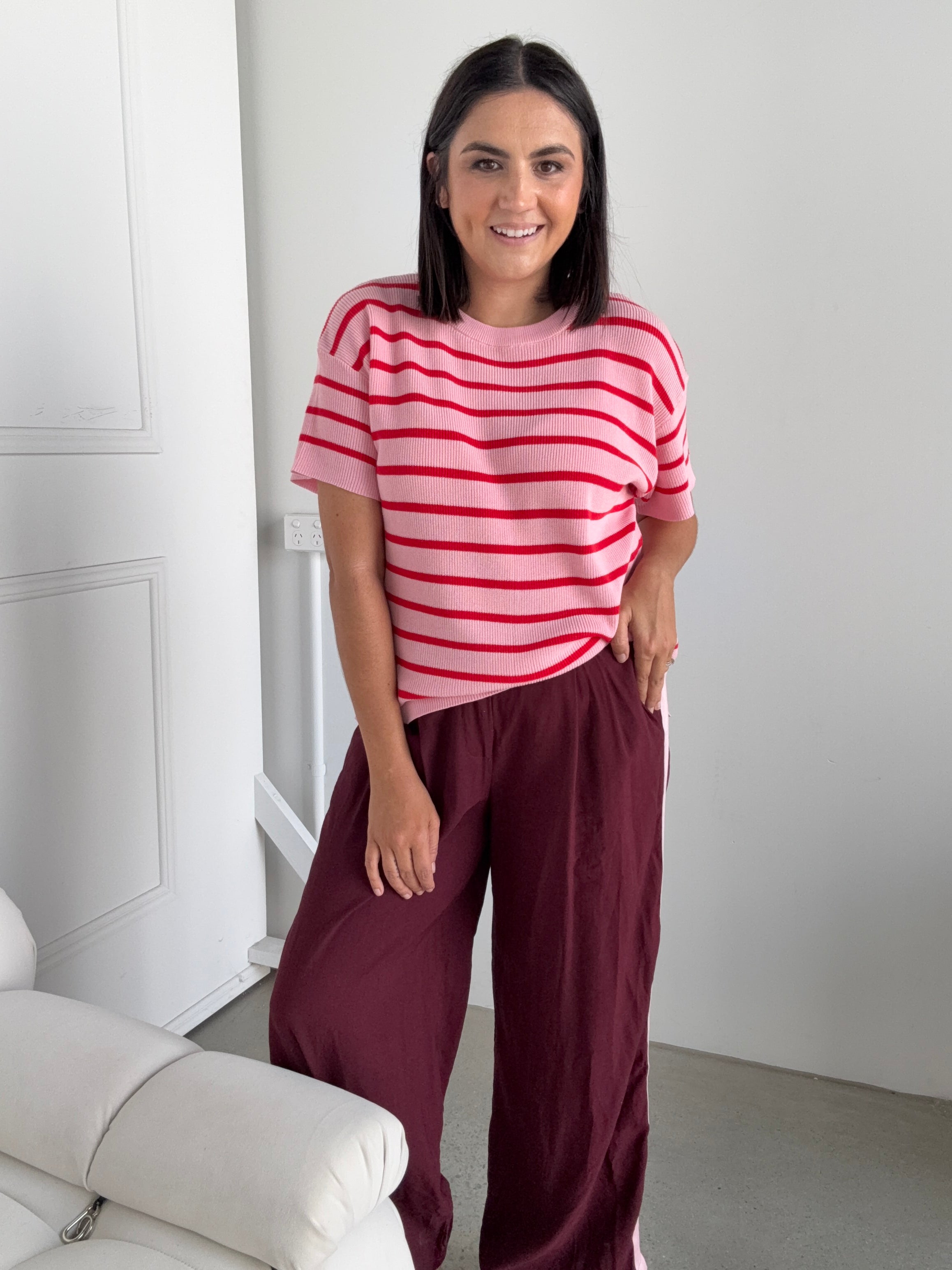 RESTOCKING DECEMBER Miller Striped Knit Top Pink/Red