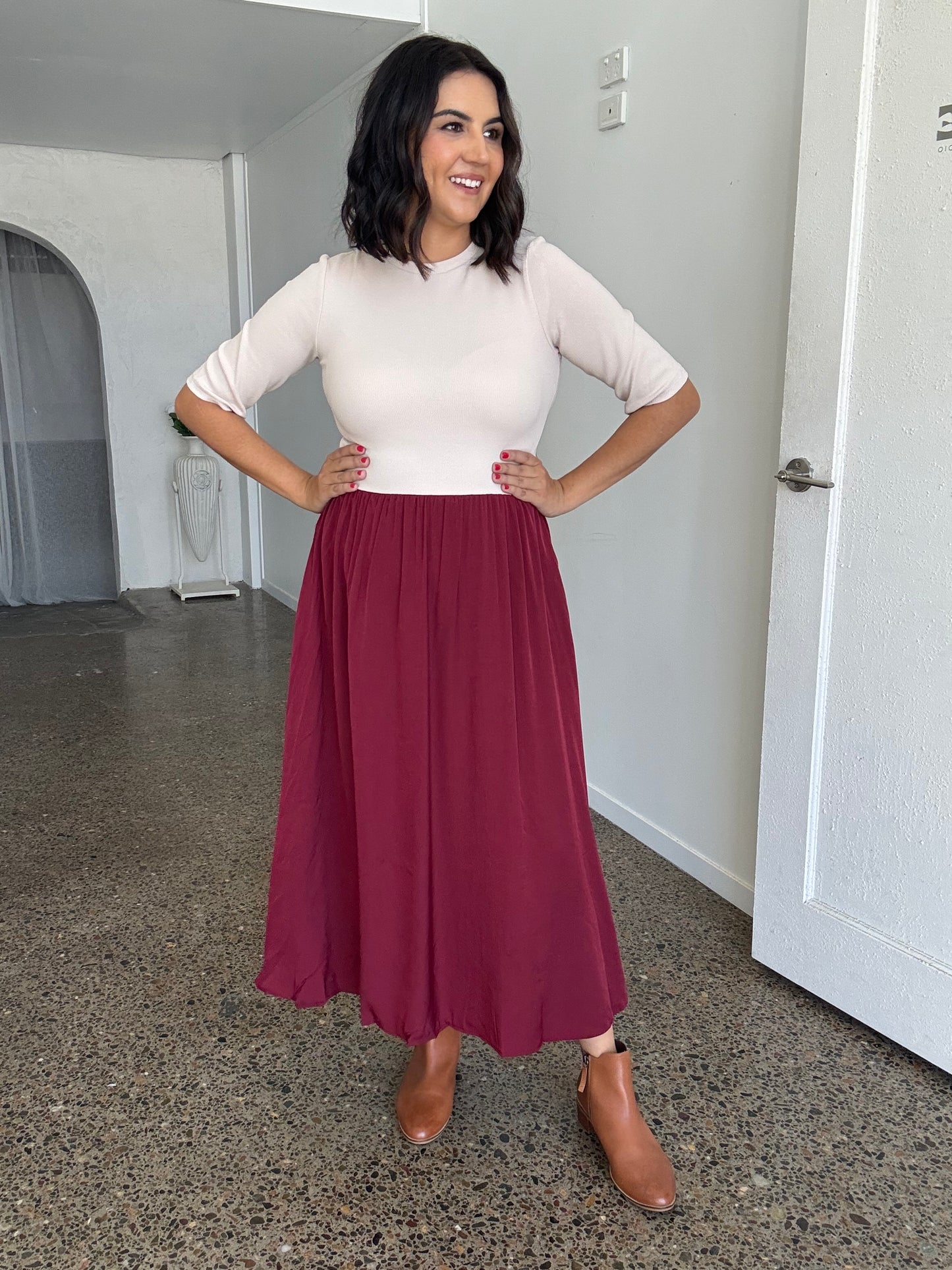 Maddie Midi Dress Beige/Burgundy STOCK ON HAND