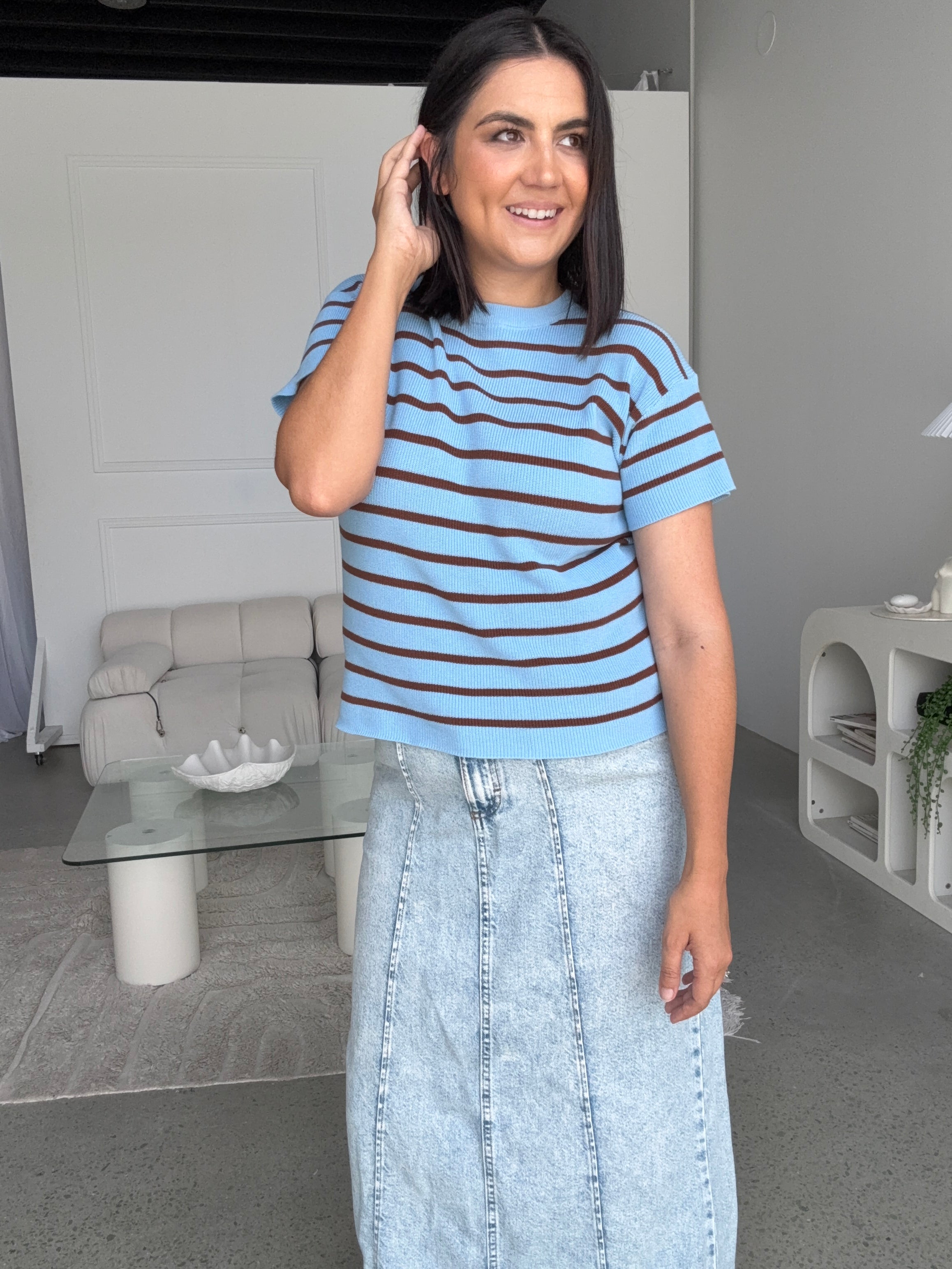 RESTOCKING DECEMBER Miller Striped Knit Top Blue/Brown