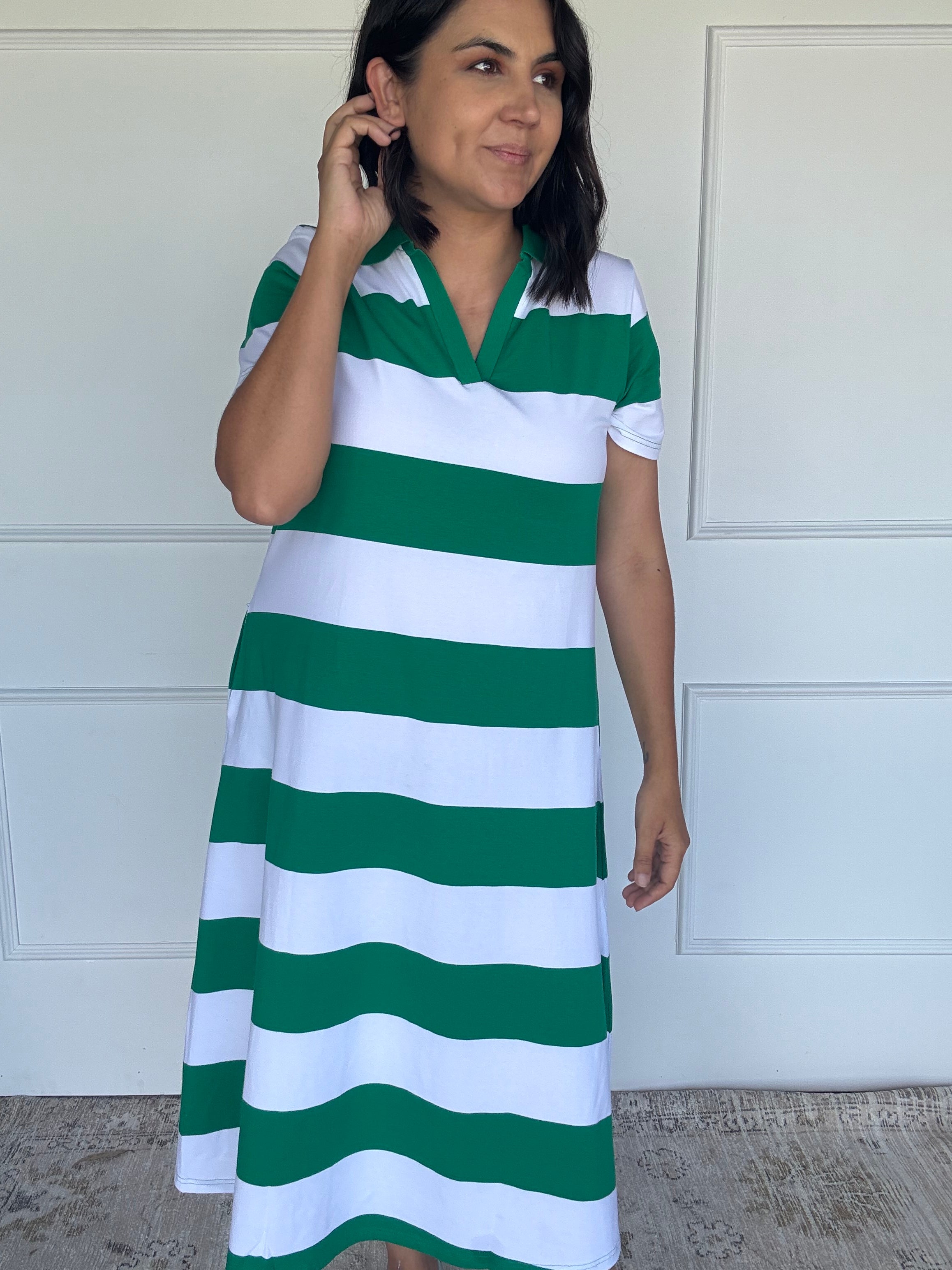 Cotton Jersey Stripe Dress Green/White Collar
