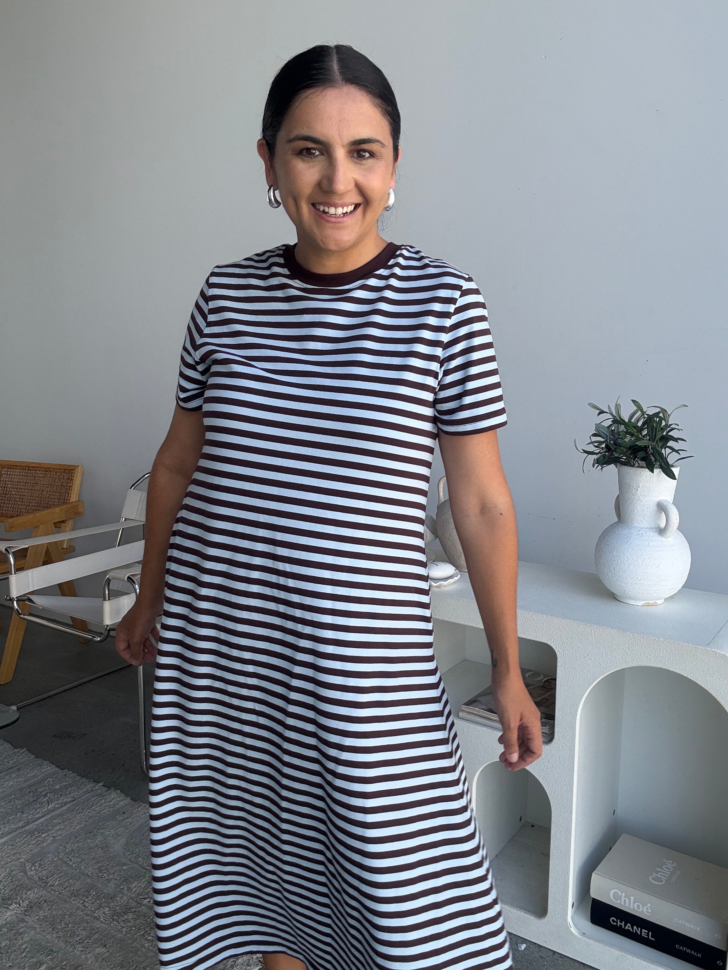 Cotton Jersey Stripe Dress Choc Brown/Blue