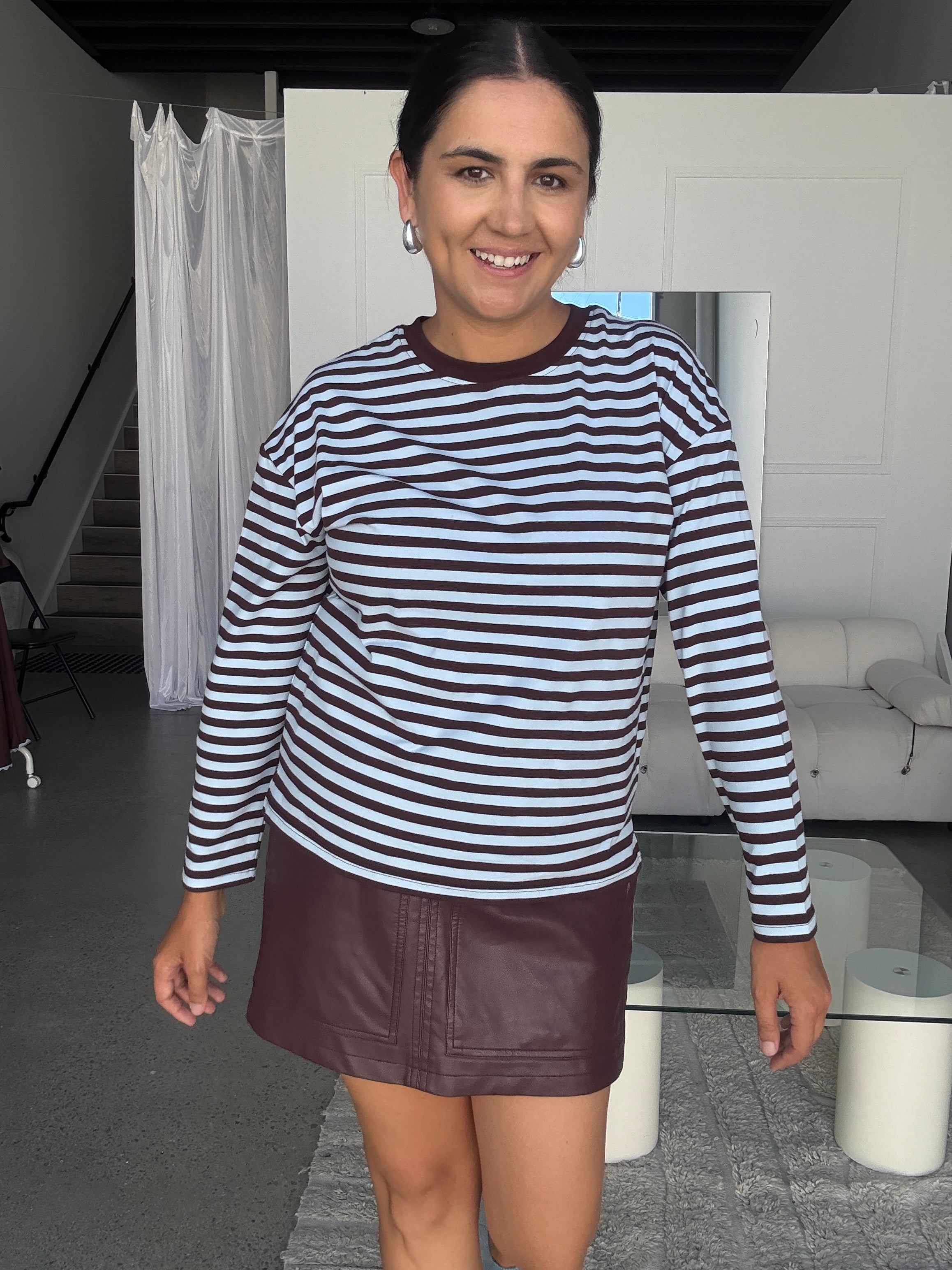 Cotton Jersey Relaxed Long Sleeve Tee Choc Brown/Blue