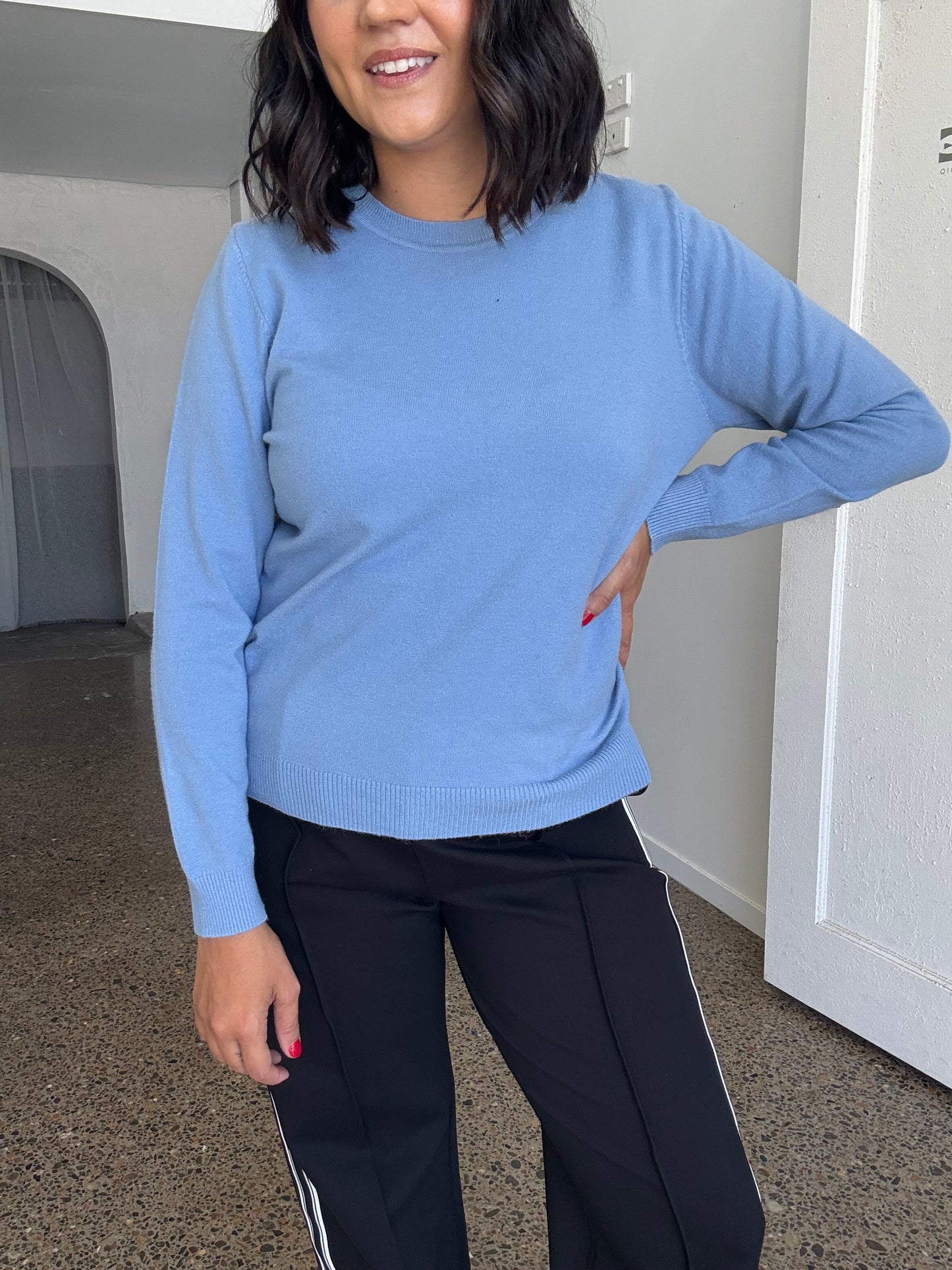 Angie Solid Knit Pullover Blue Jean