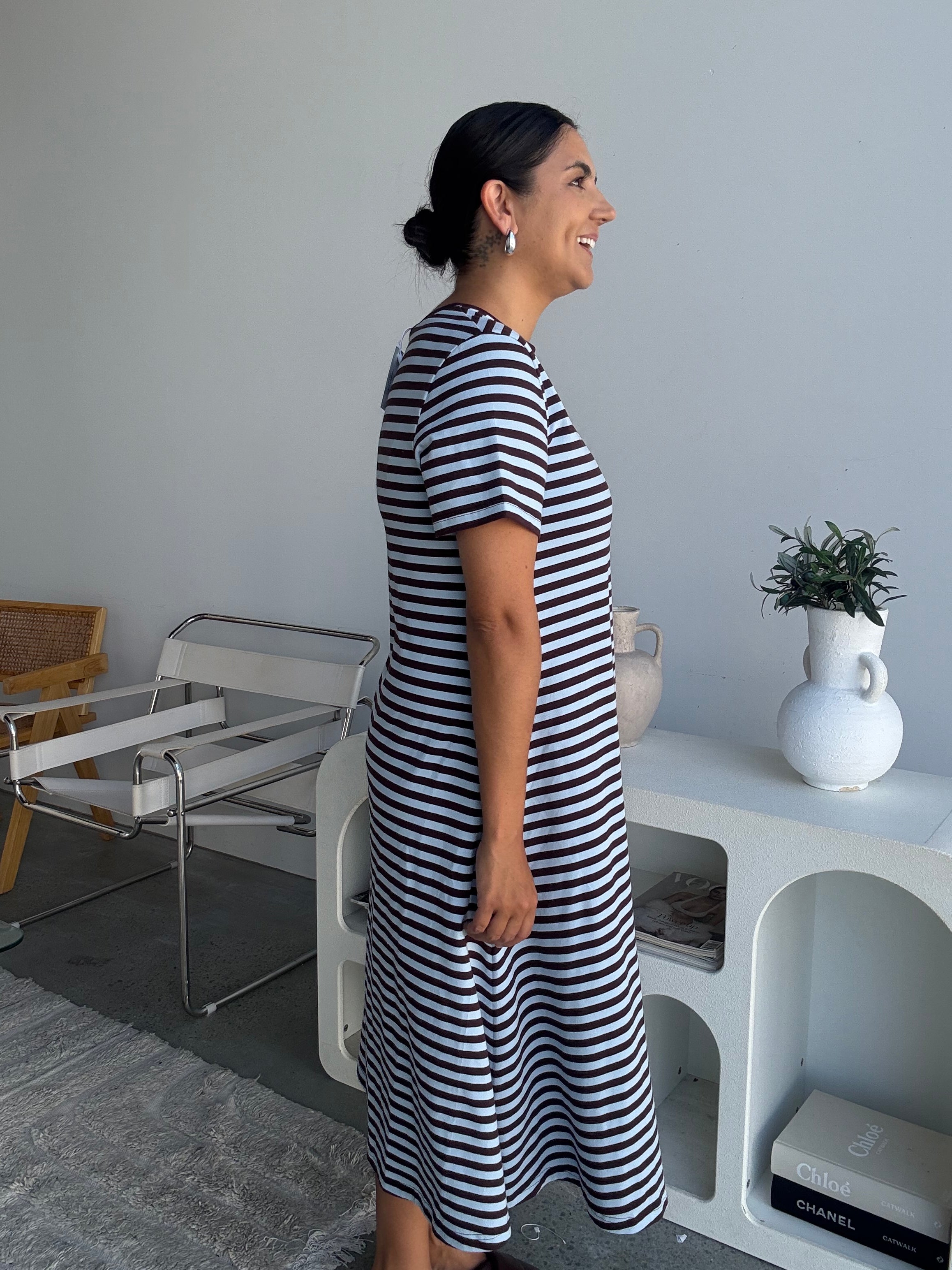 Cotton Jersey Stripe Dress Choc Brown/Blue