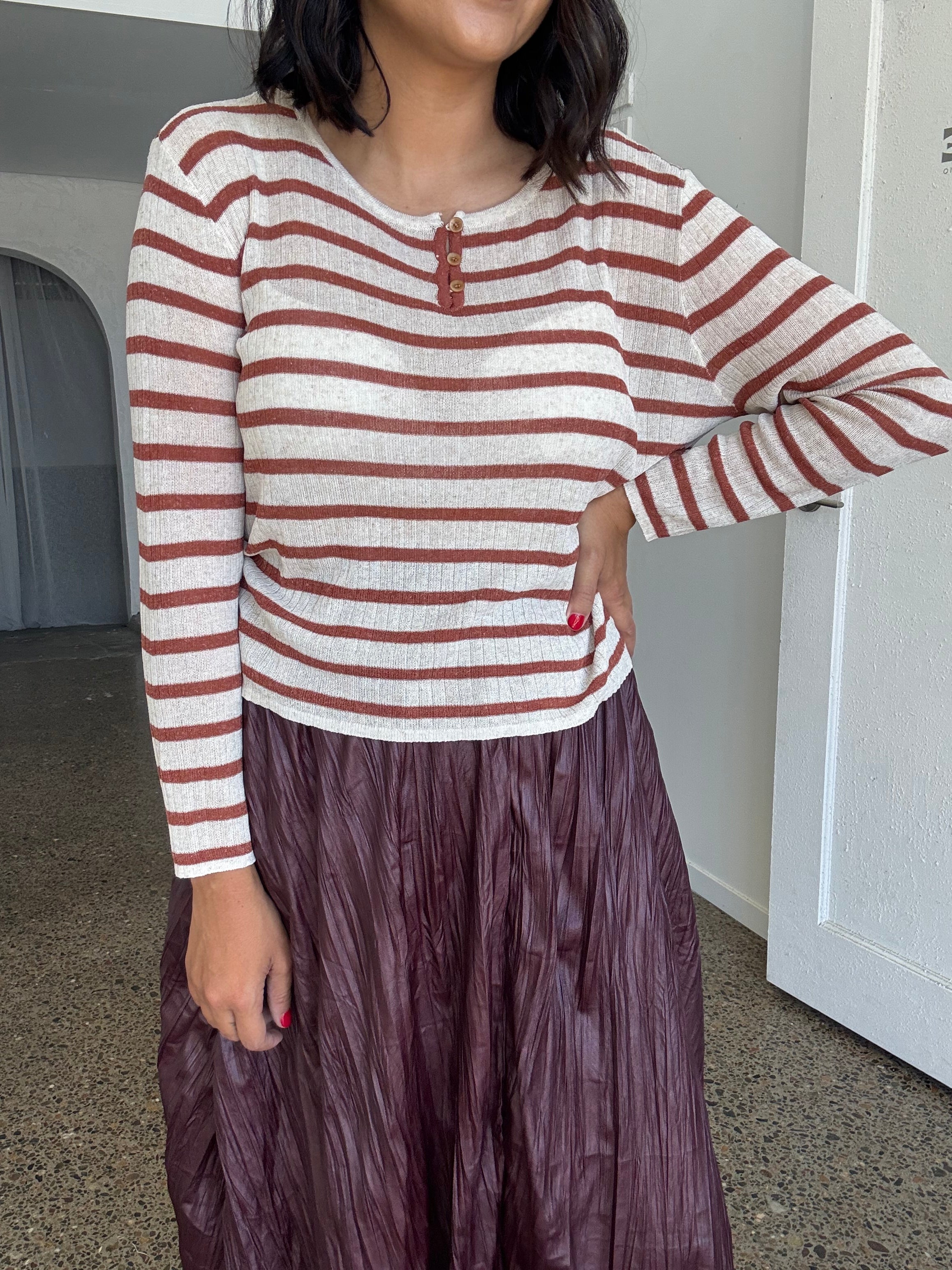 Maxwell Stripe Long Sleeve Knit Top Burnt Umber