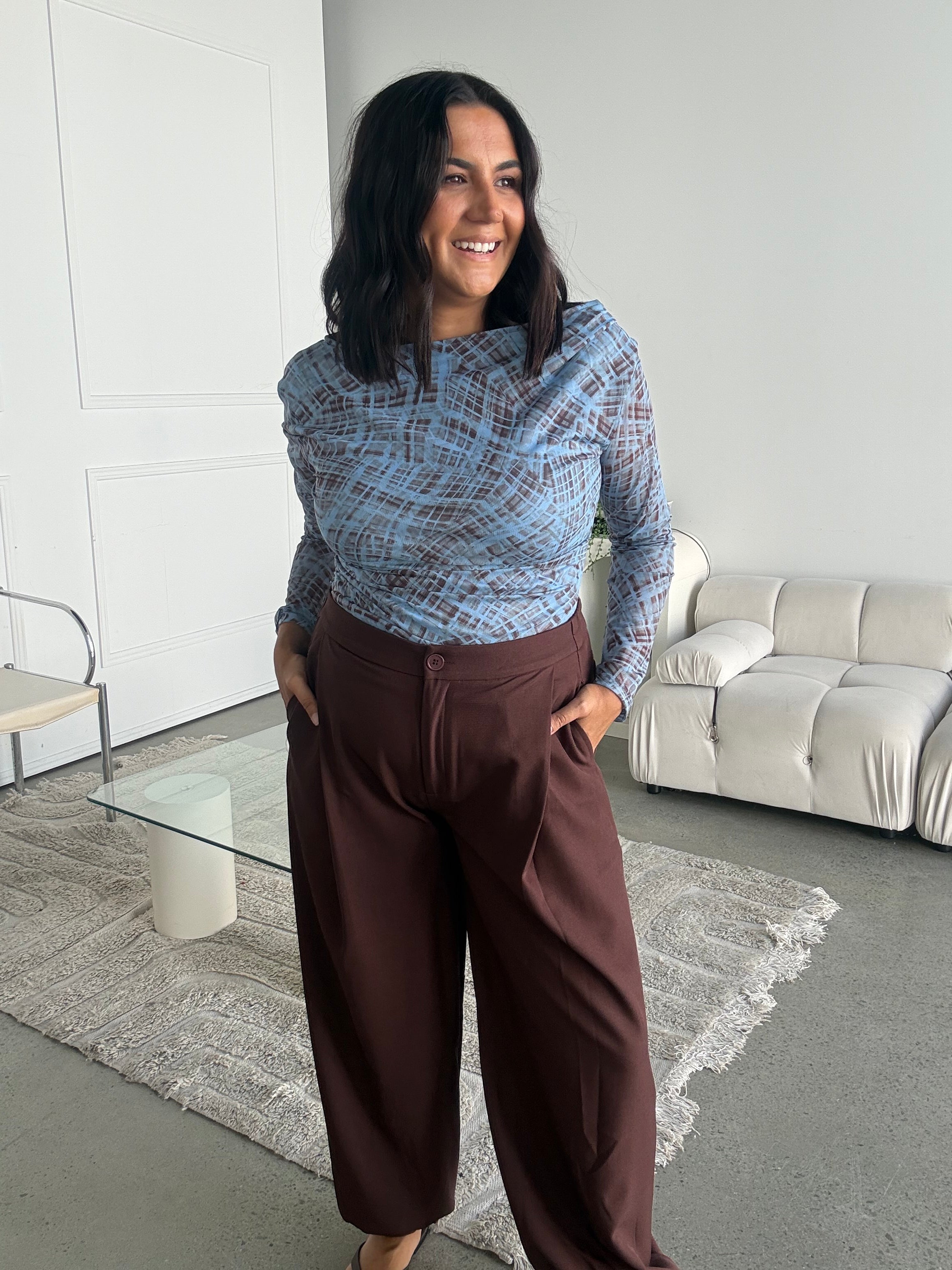 Check Mesh Side Ruche Top Blue/Brown