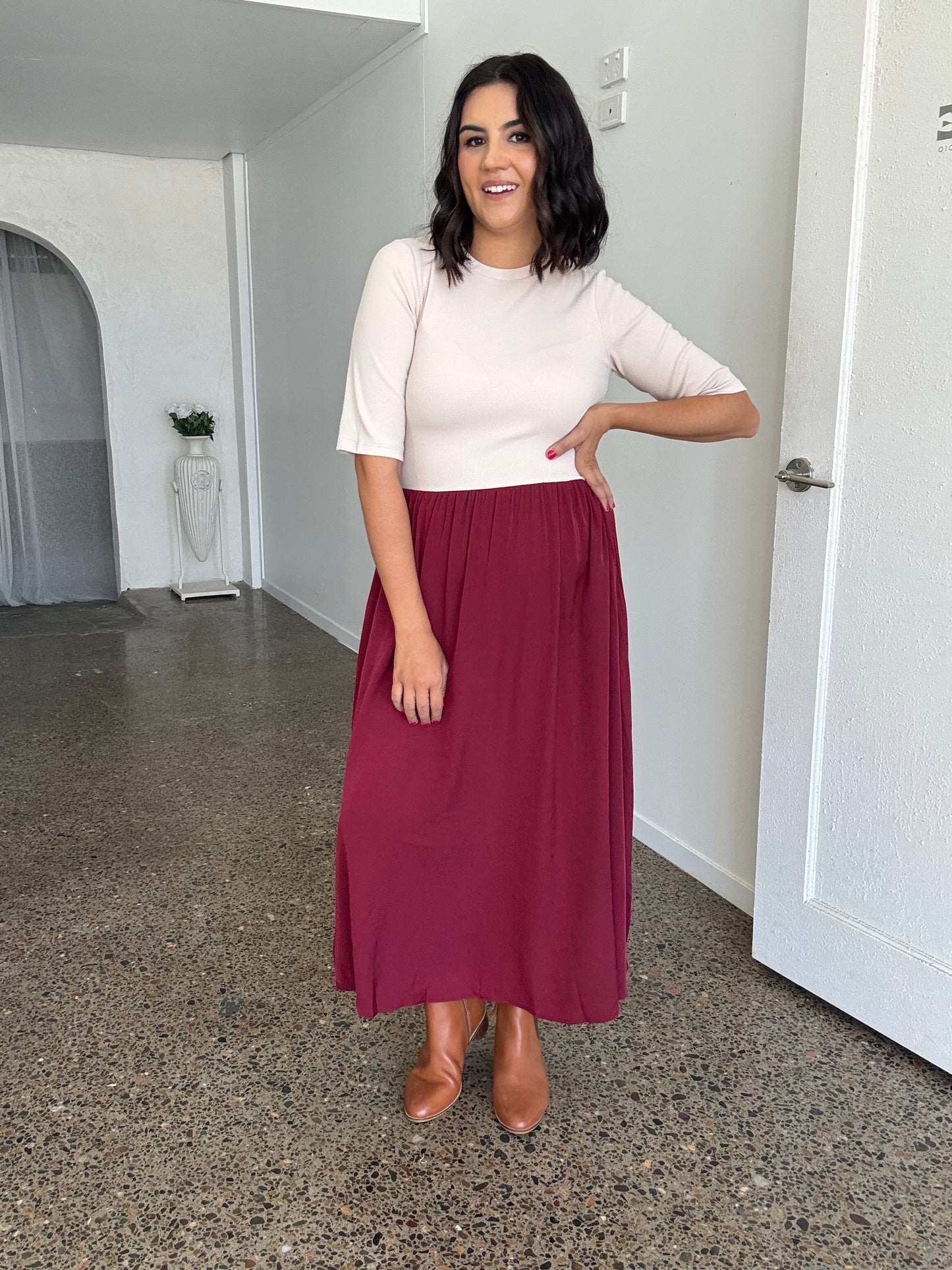 Maddie Midi Dress Beige/Burgundy STOCK ON HAND