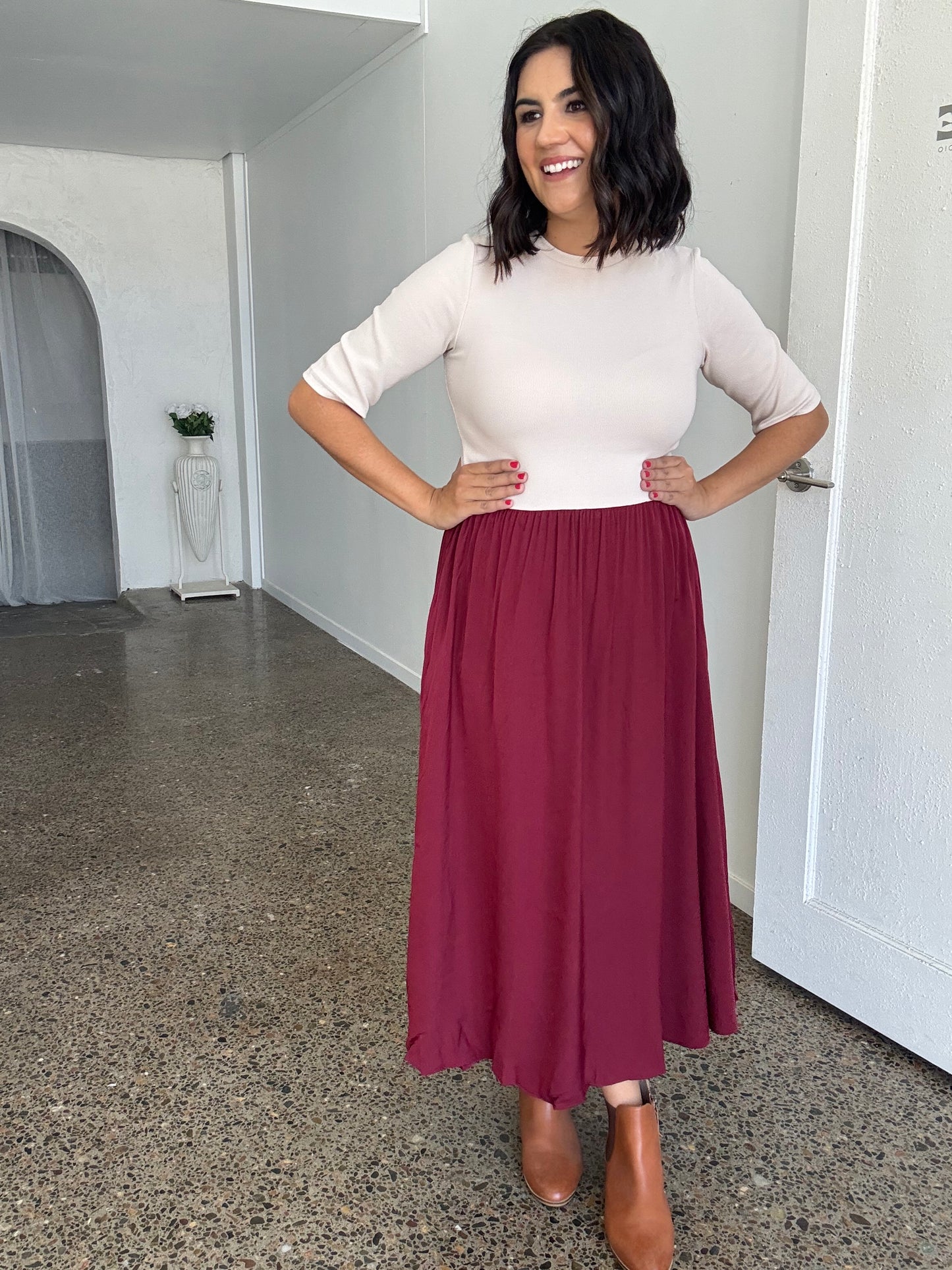 Maddie Midi Dress Beige/Burgundy STOCK ON HAND