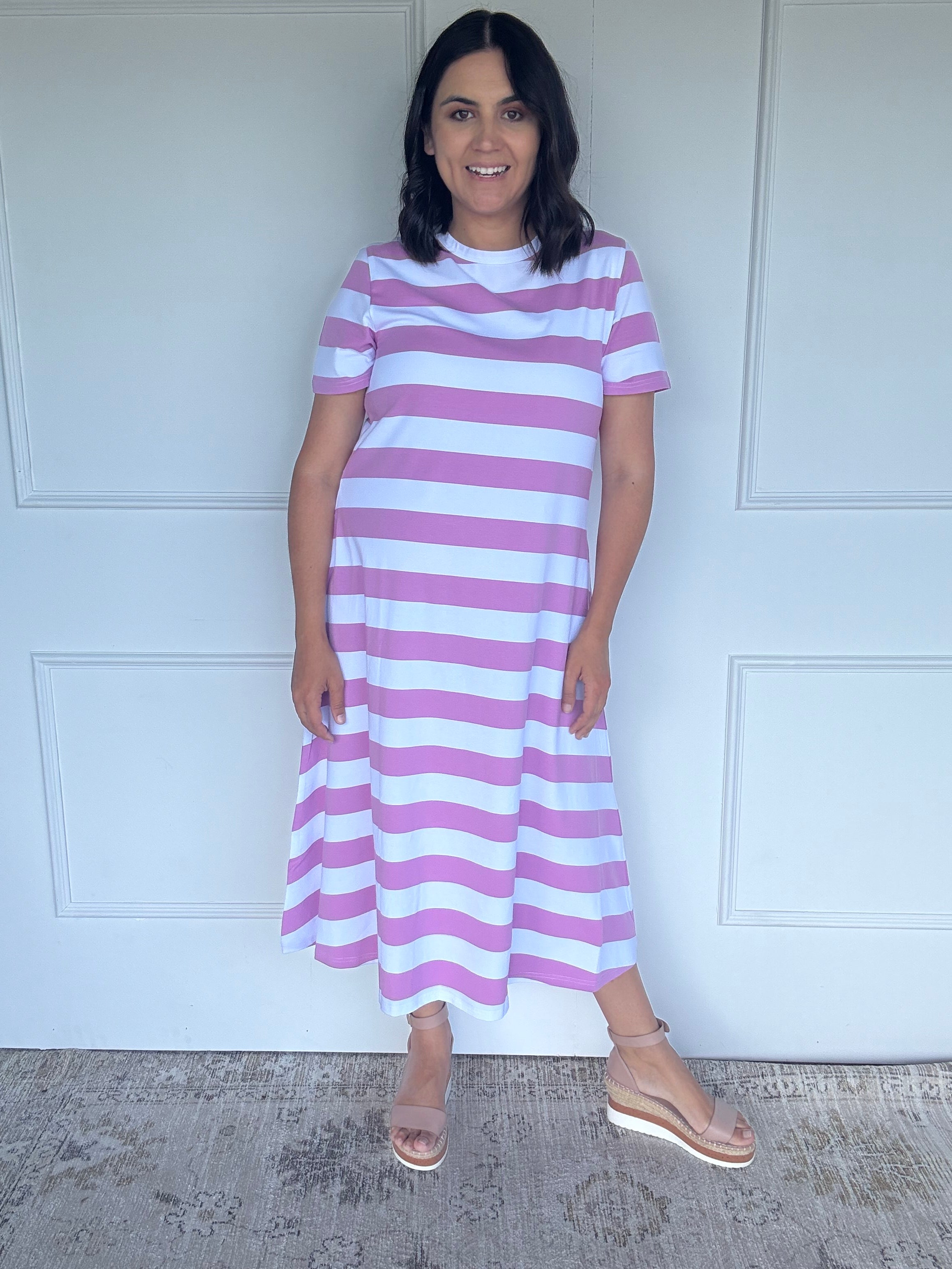 Cotton Jersey Stripe Dress Orchid/White