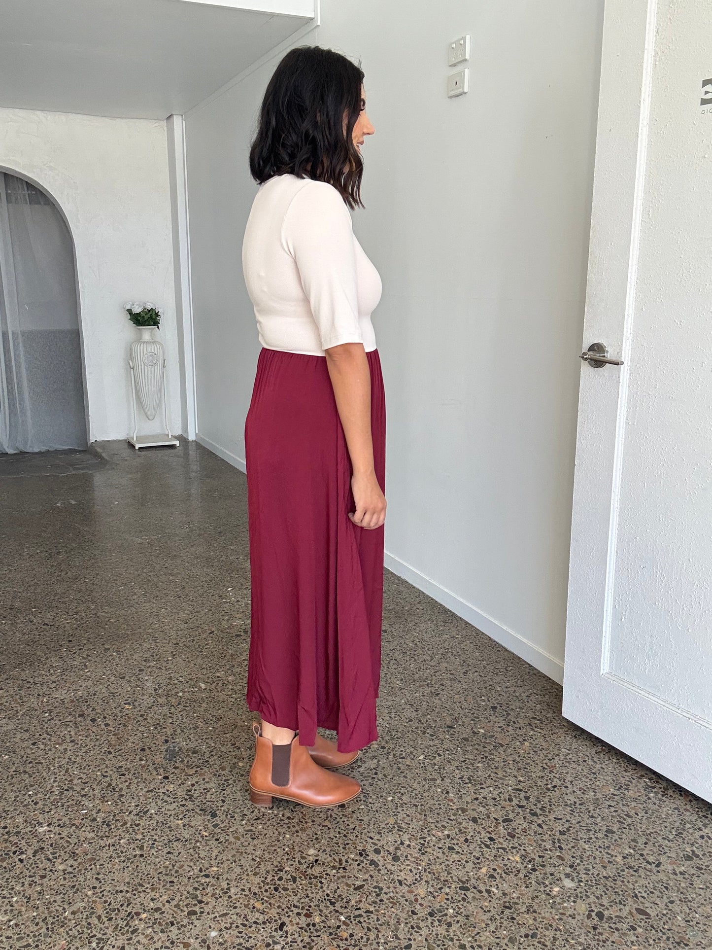 Maddie Midi Dress Beige/Burgundy STOCK ON HAND