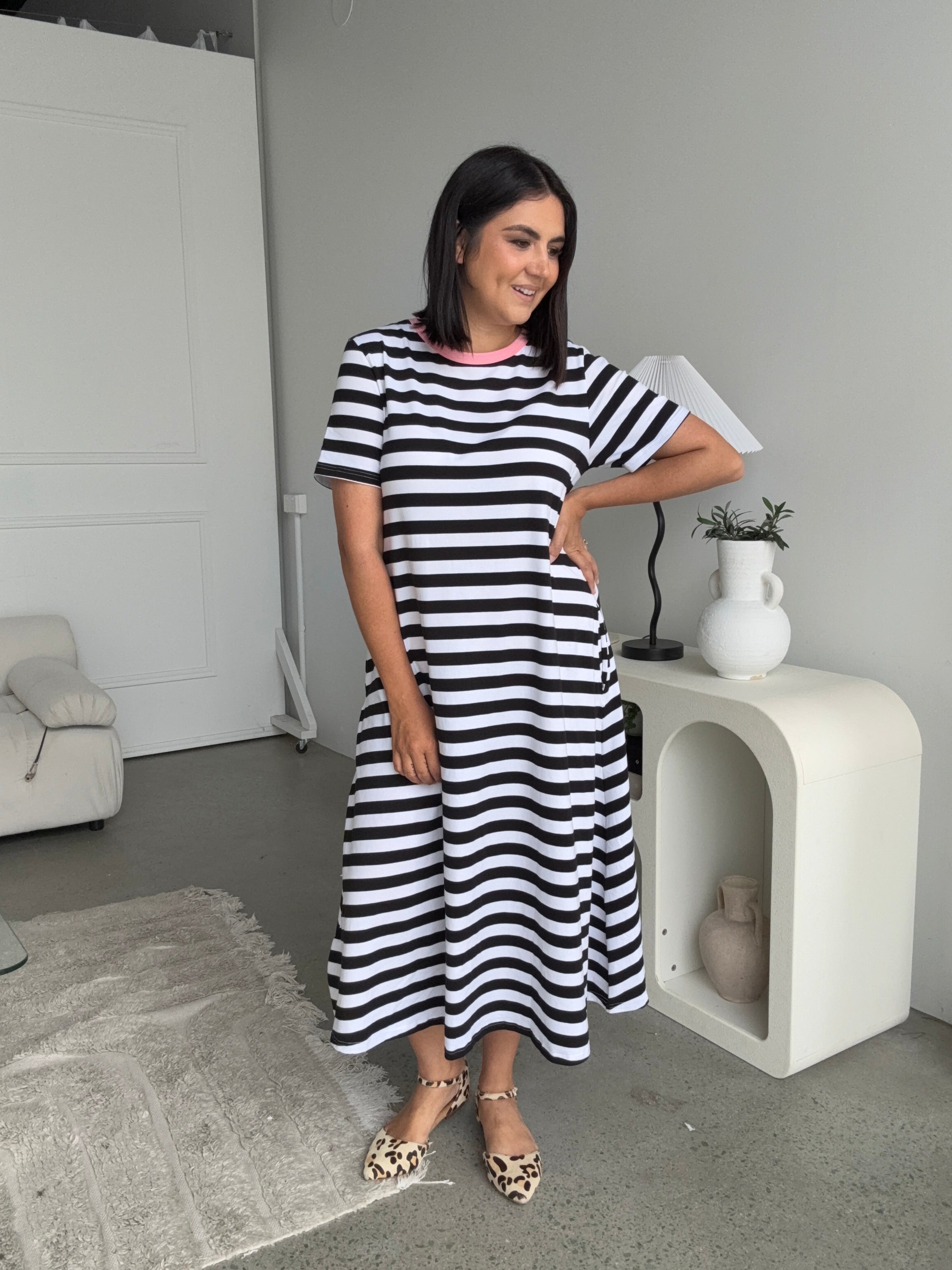 Cotton Jersey Stripe Dress Black/White Pink Neck