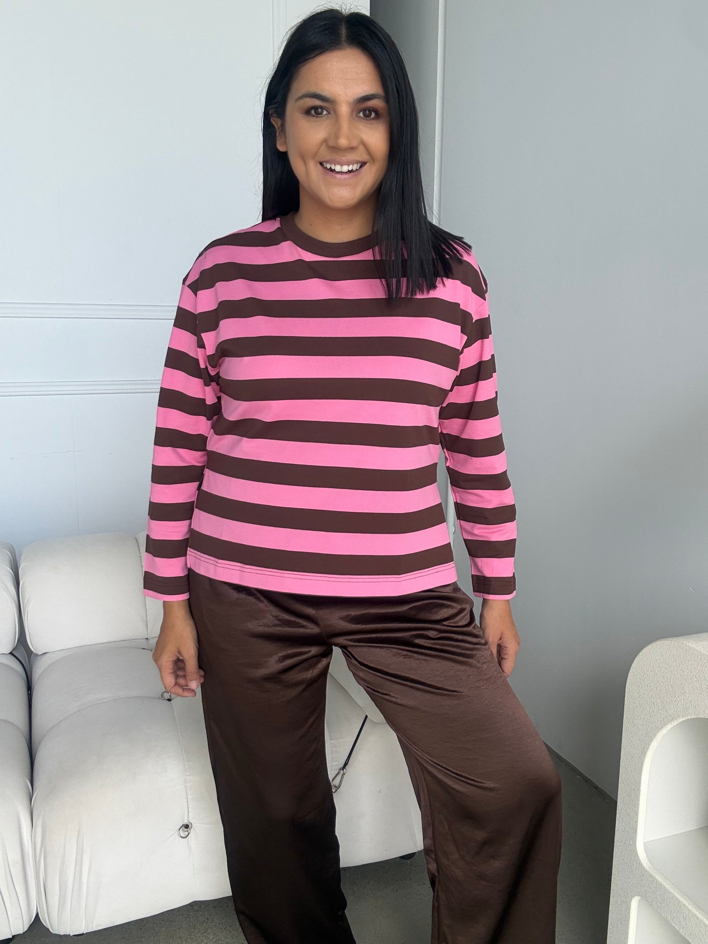 Cassie Long Sleeve Stripe Top Pink/Brown