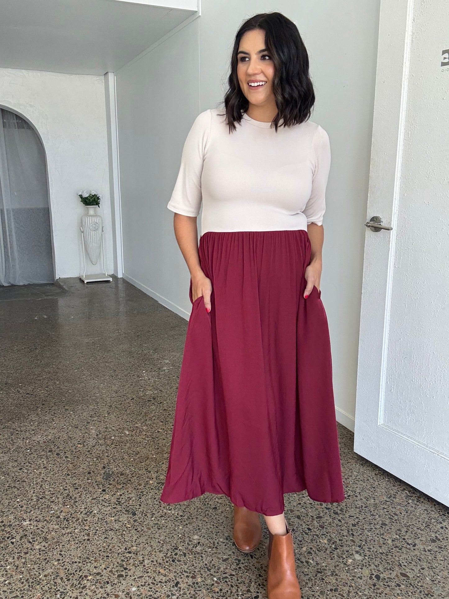 Maddie Midi Dress Beige/Burgundy STOCK ON HAND
