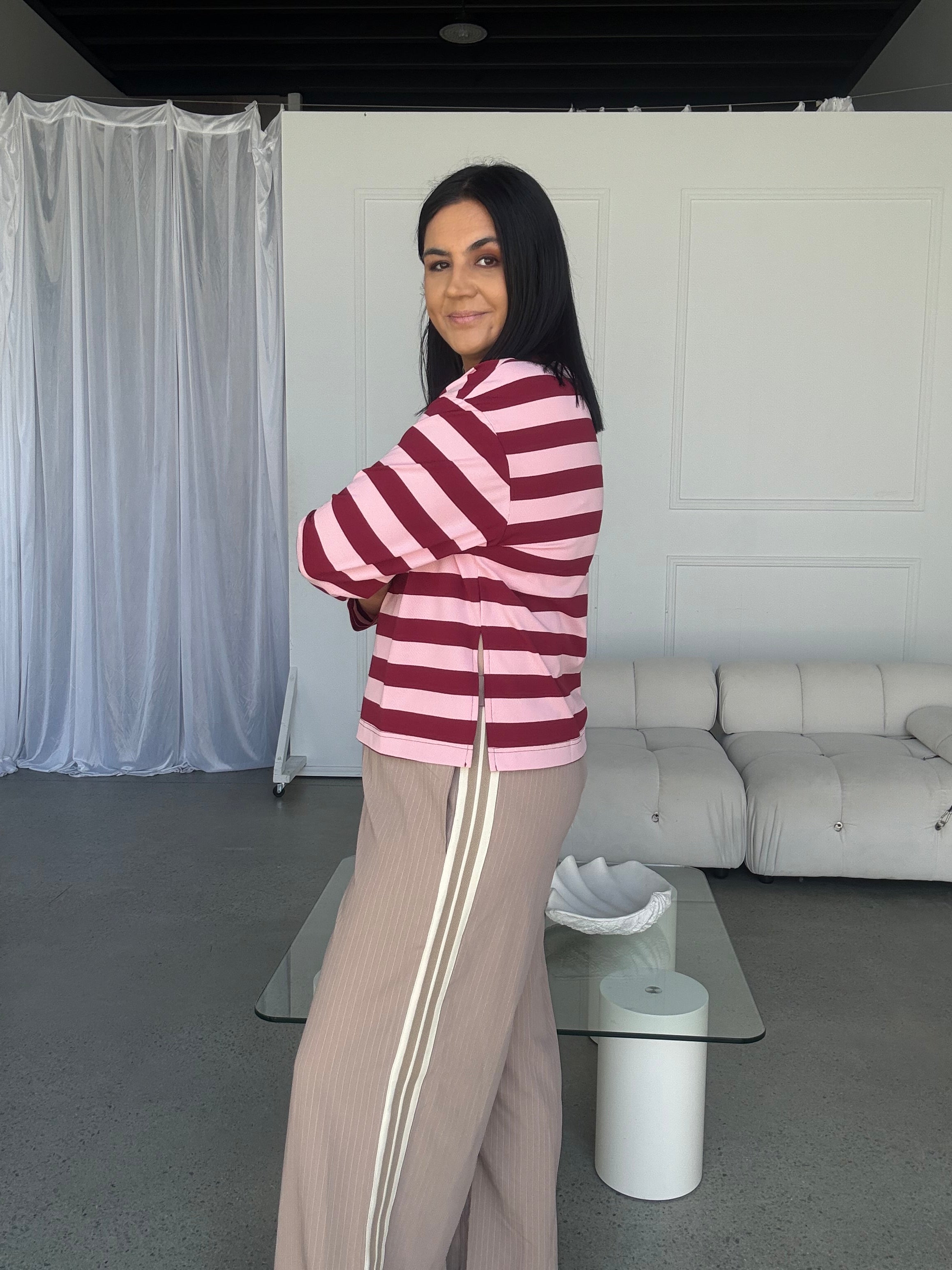 Cassie Long Sleeve Stripe Top Burgundy/Pink