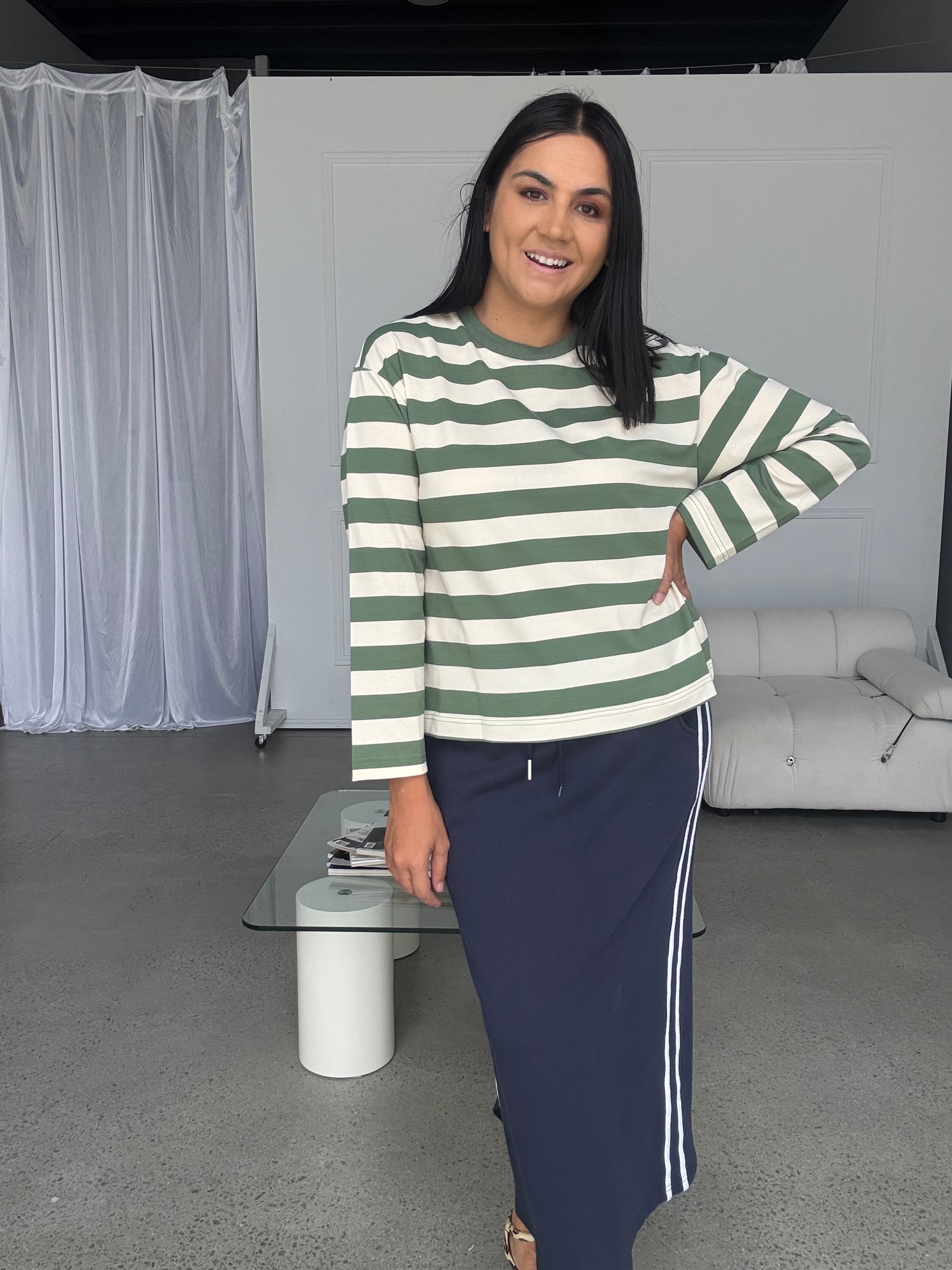 Cassie Long Sleeve Stripe Top Sage/Cream