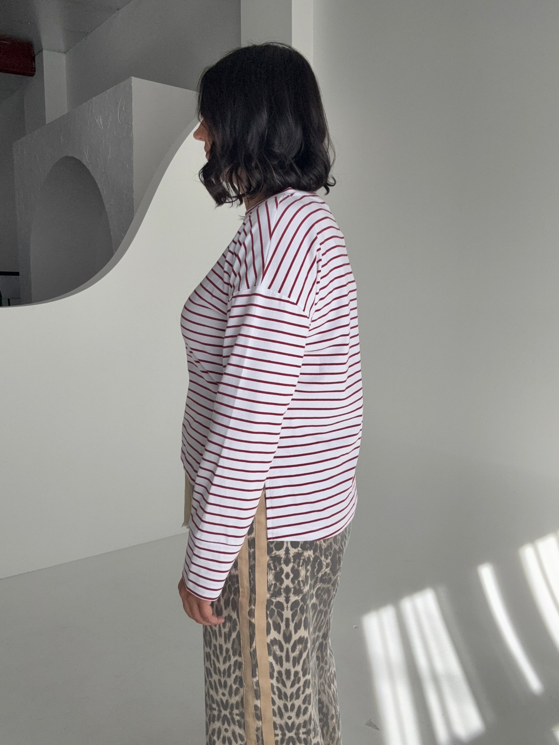 Cue Burgundy Stripe Long Sleeve Tee