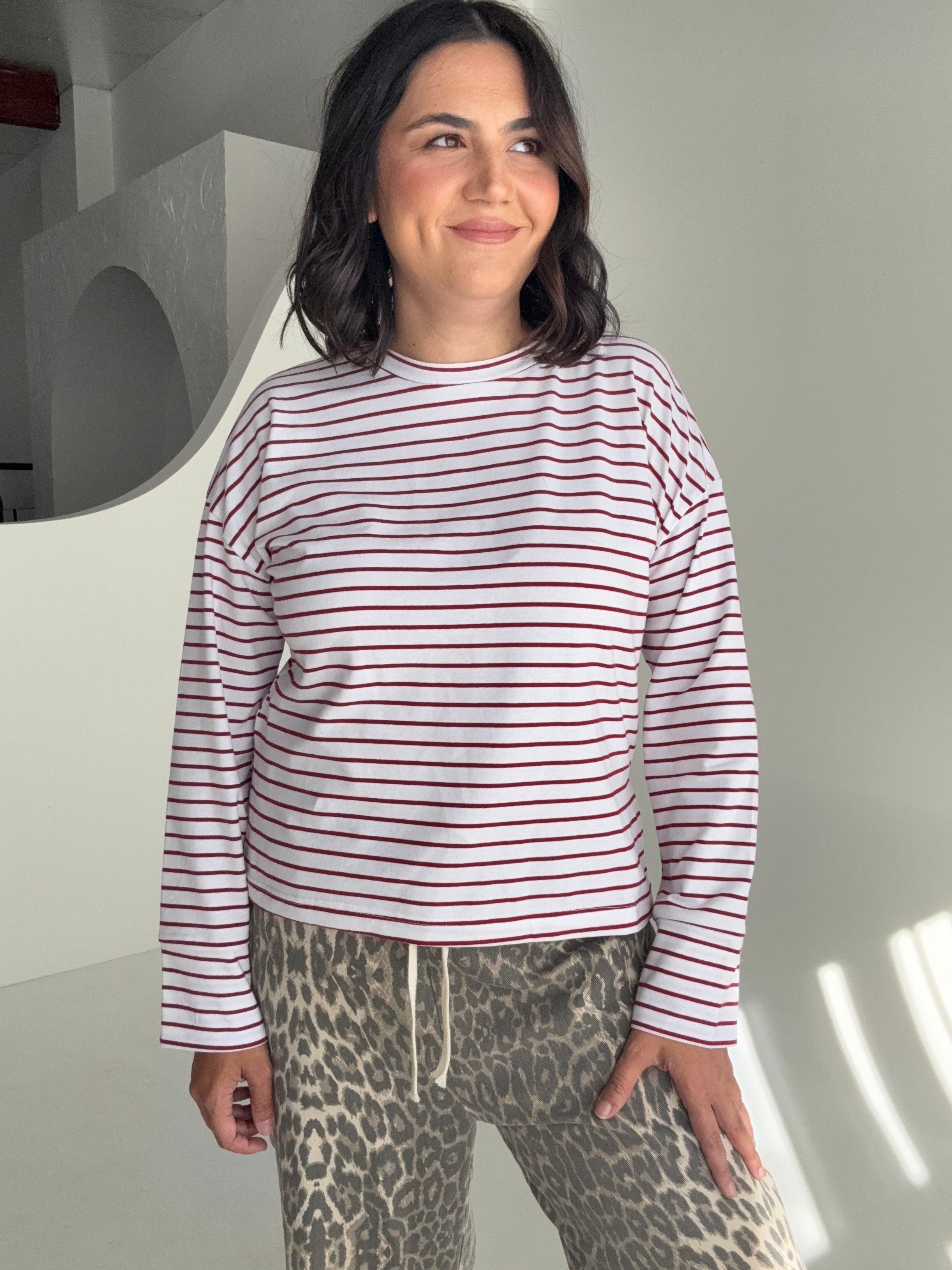 Cue Burgundy Stripe Long Sleeve Tee