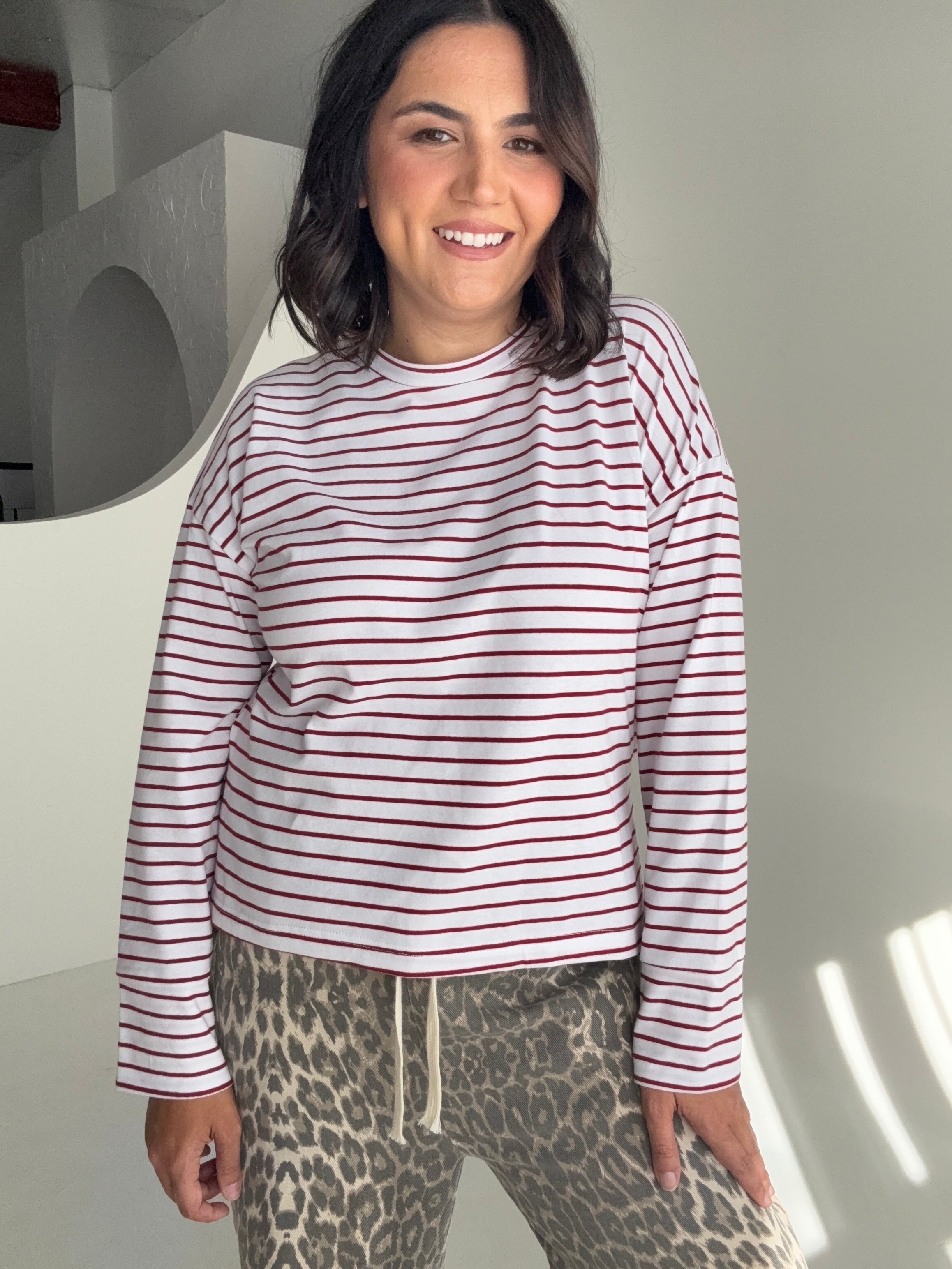 Cue Burgundy Stripe Long Sleeve Tee