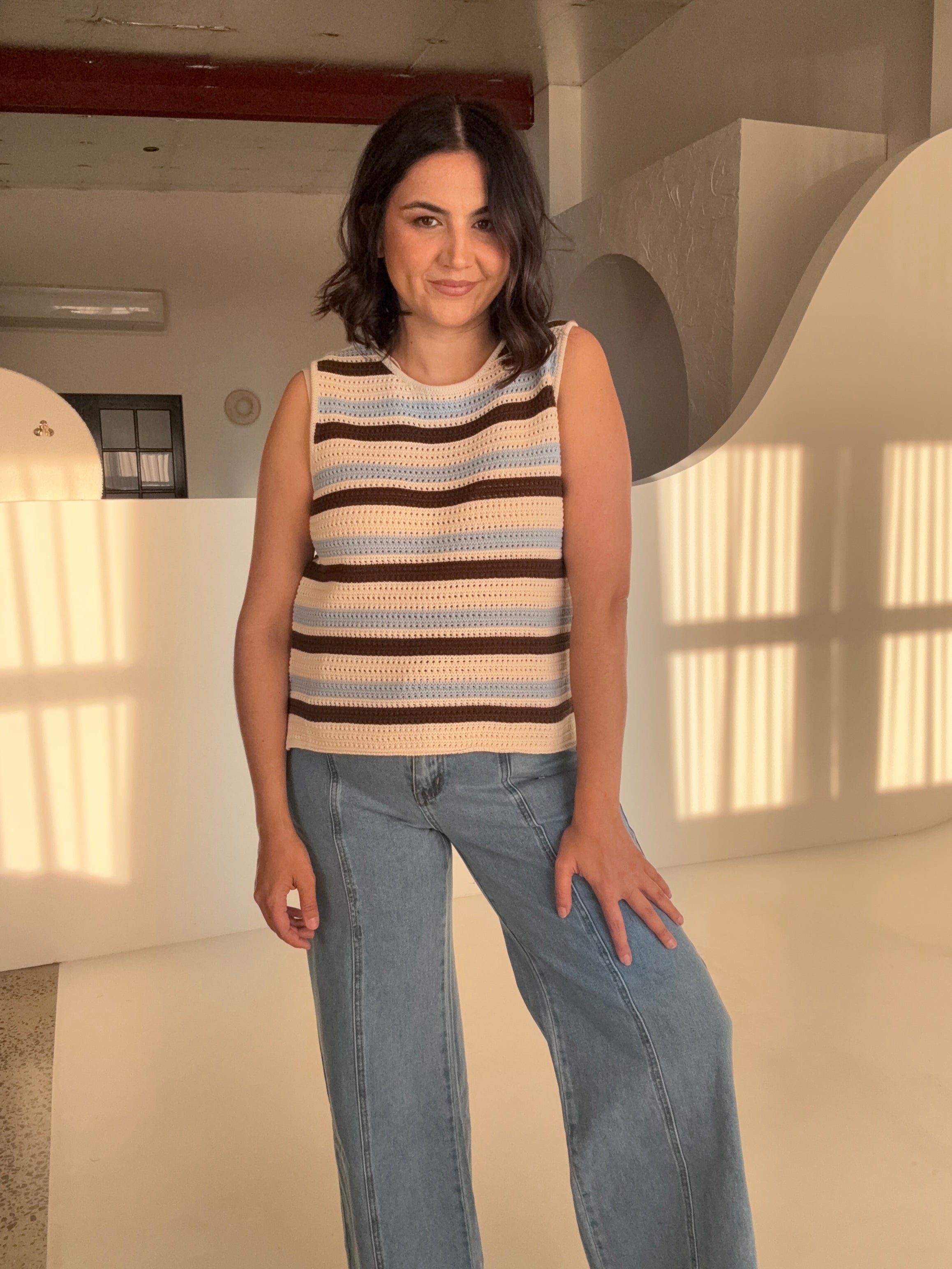 Margot Mesh Knit Tank Ecru/Choc Stripe