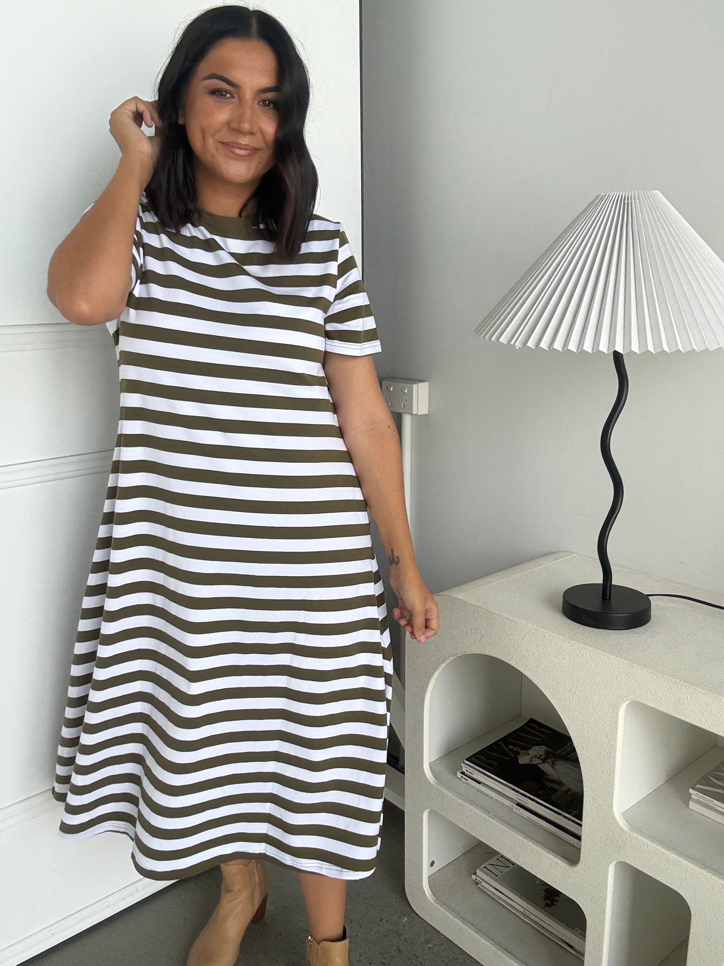 Cotton Jersey Stripe Dress Khaki/White