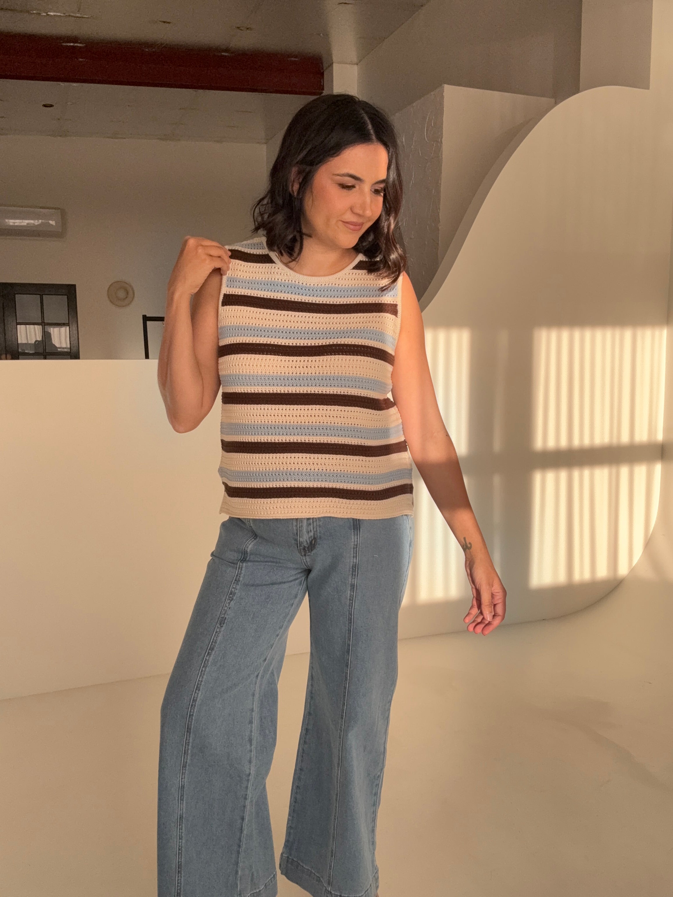 Margot Mesh Knit Tank Ecru/Choc Stripe