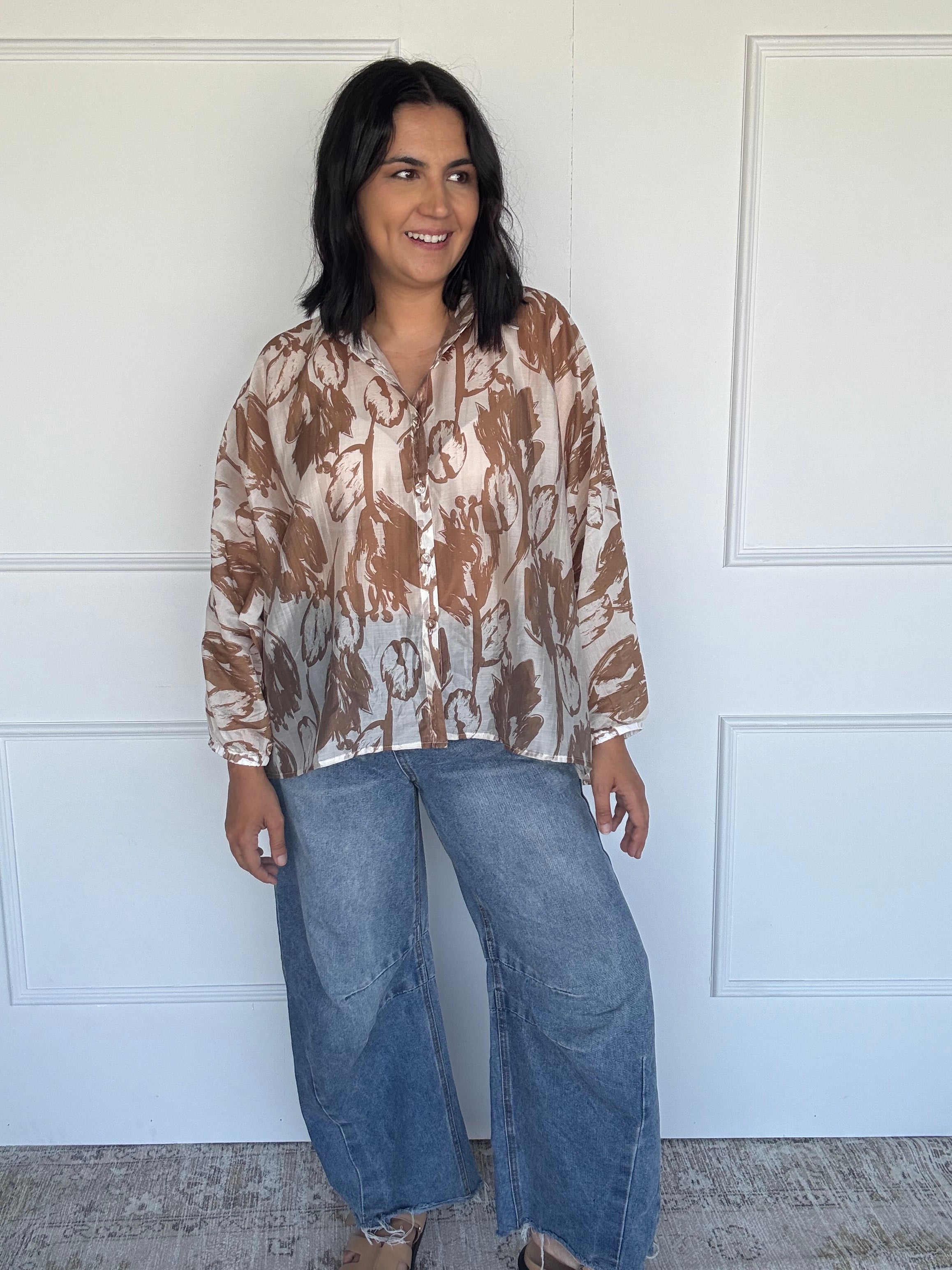 Oversized Abstract Floral Shirt Mocha