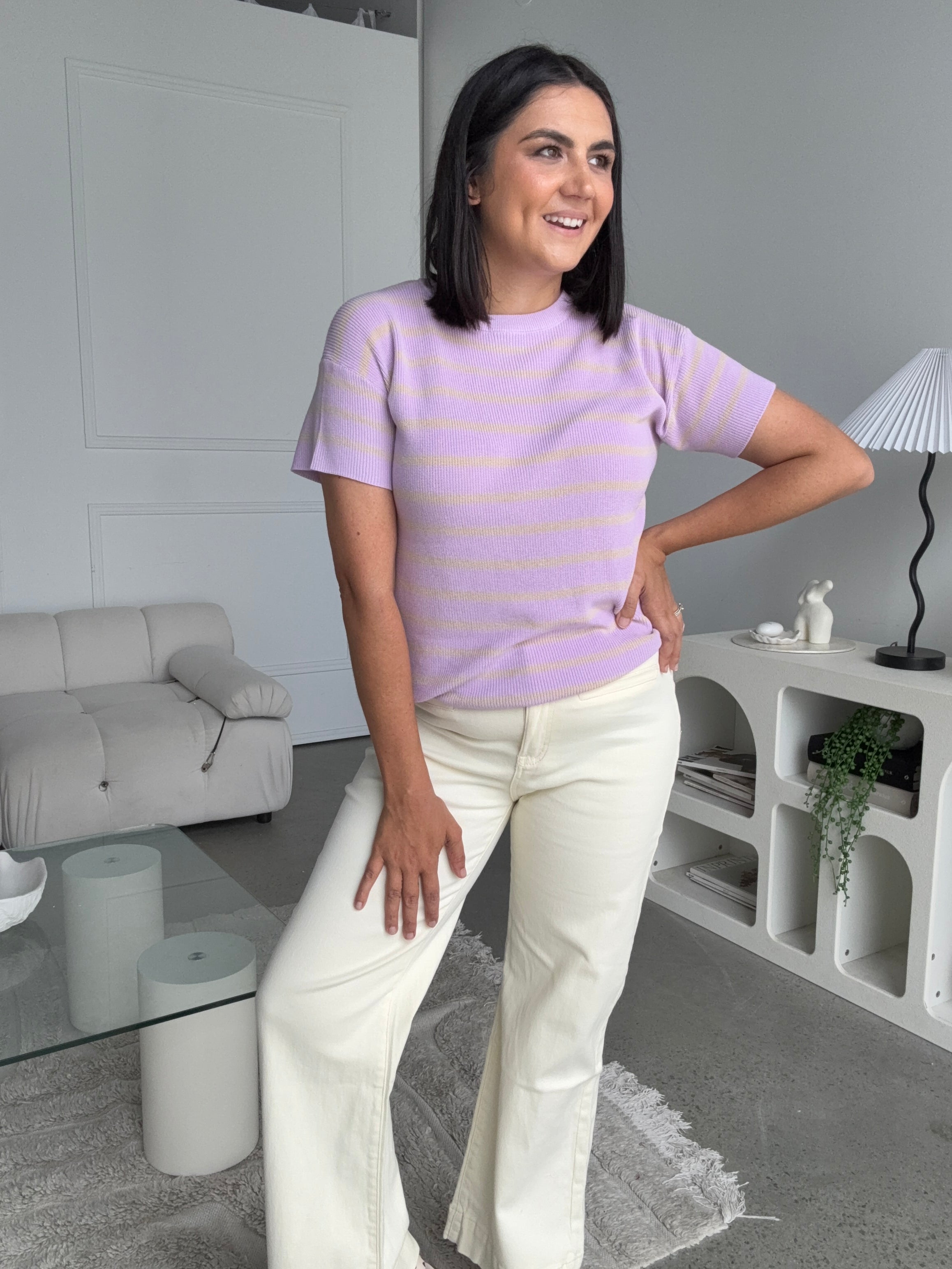 Miller Striped Knit Top Lilac/Beige
