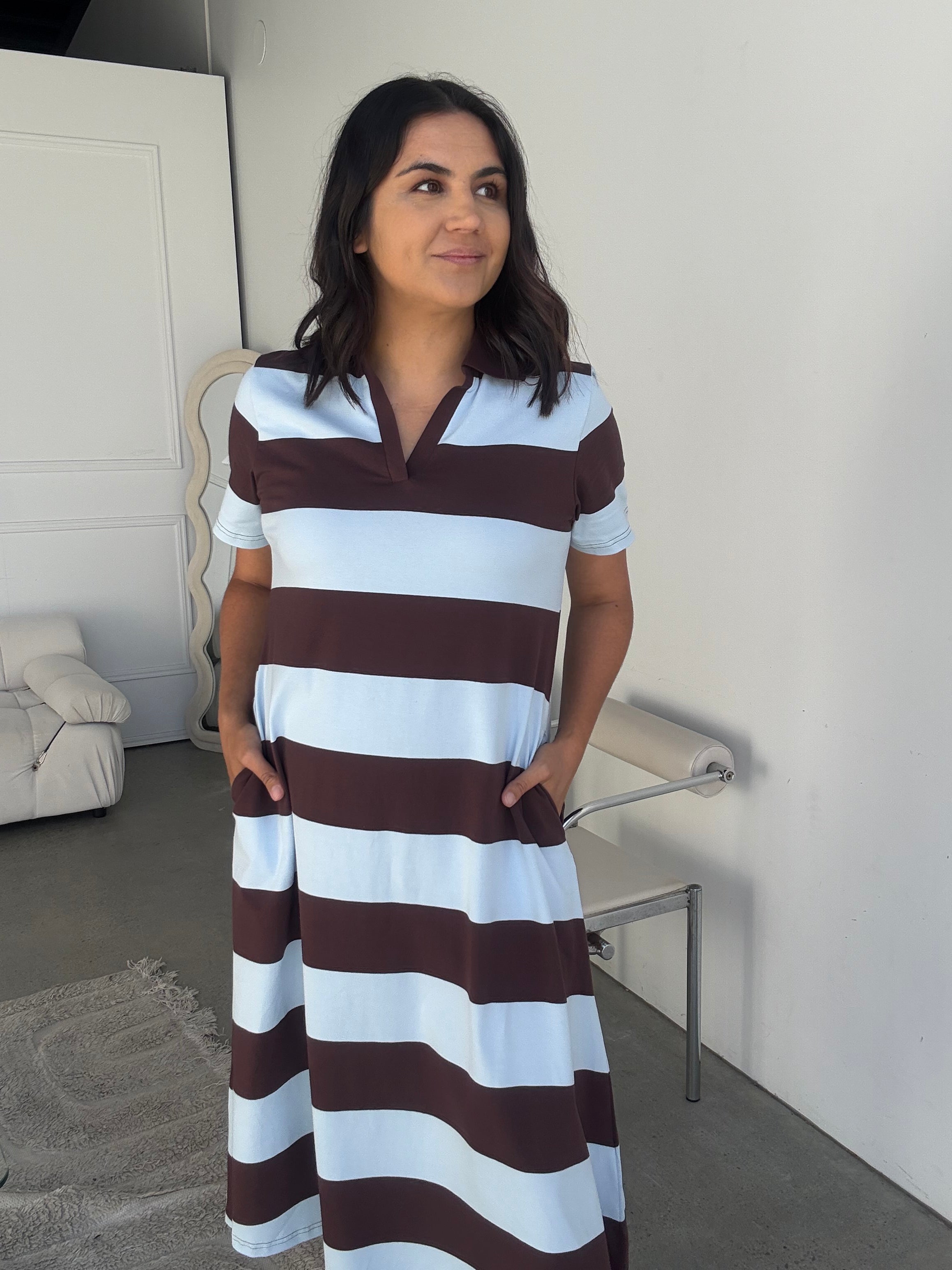 Polo Cotton Jersey Stripe Dress Blue/Brown