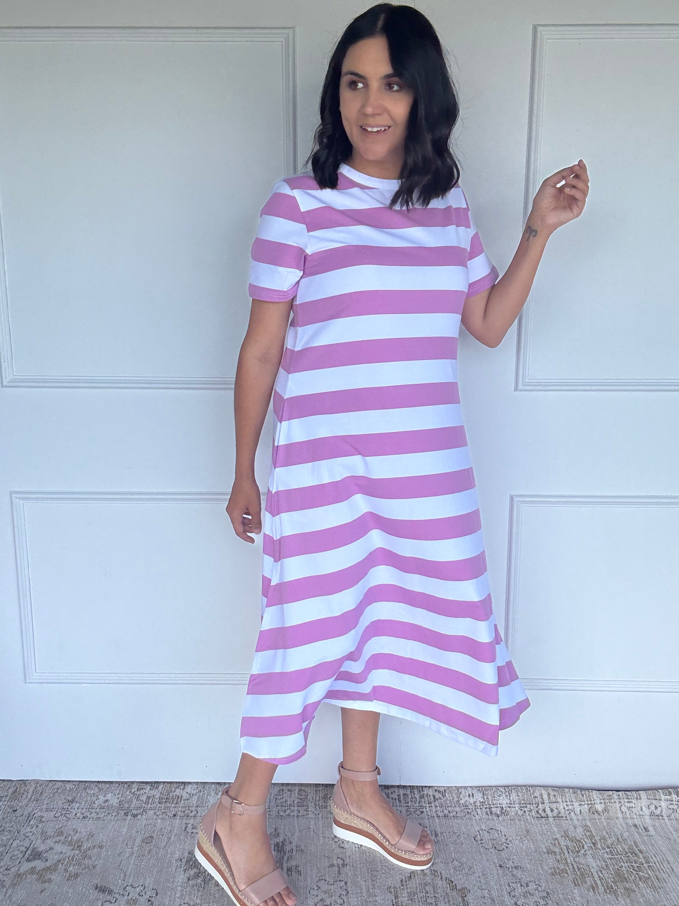 Cotton Jersey Stripe Dress Orchid/White