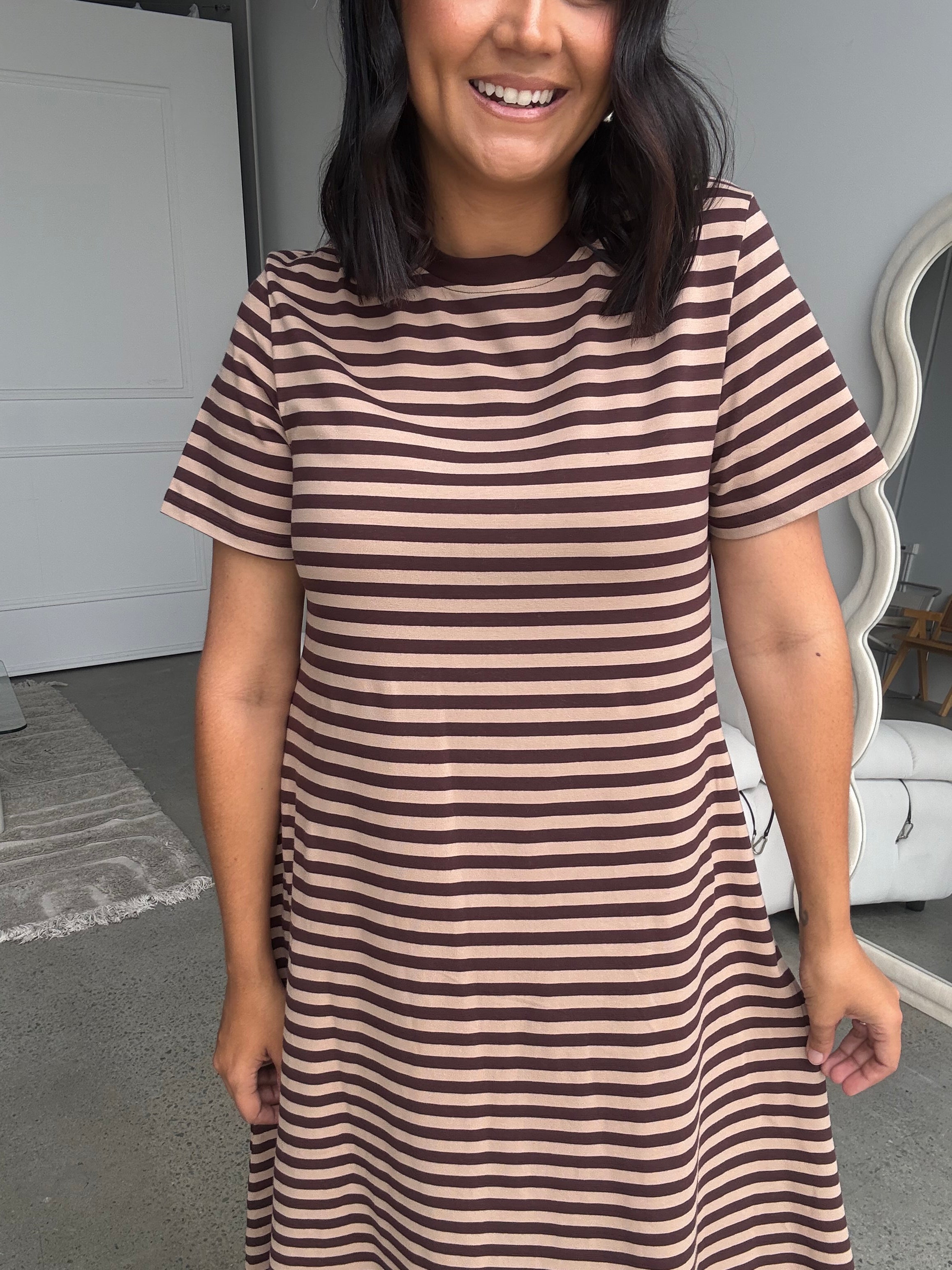 Cotton Jersey Stripe Dress Choc Brown/Beige