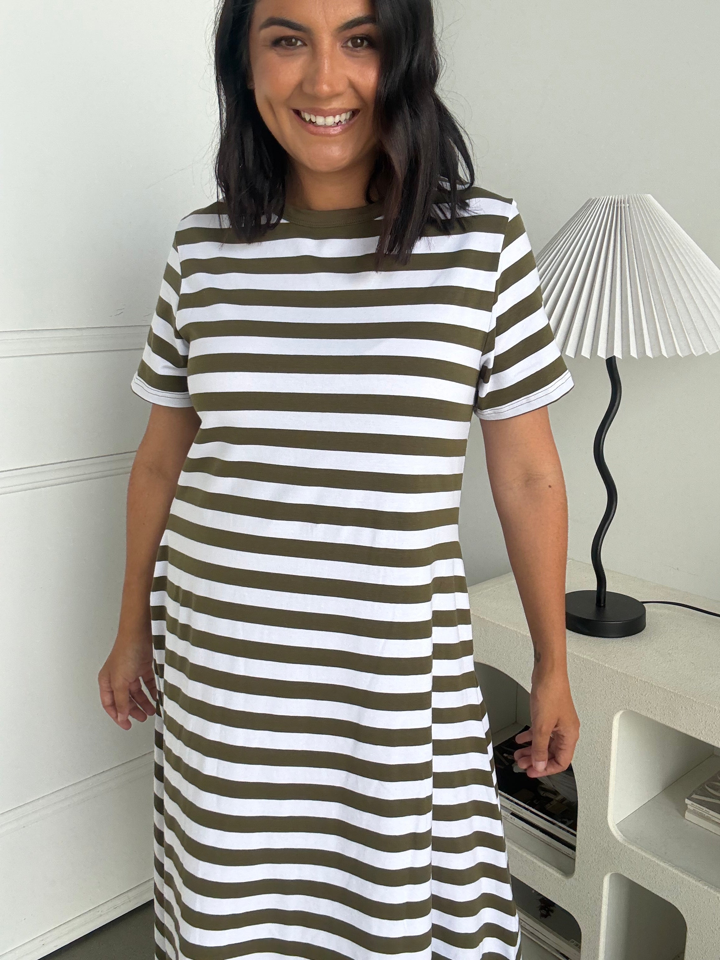 Cotton Jersey Stripe Dress Khaki/White