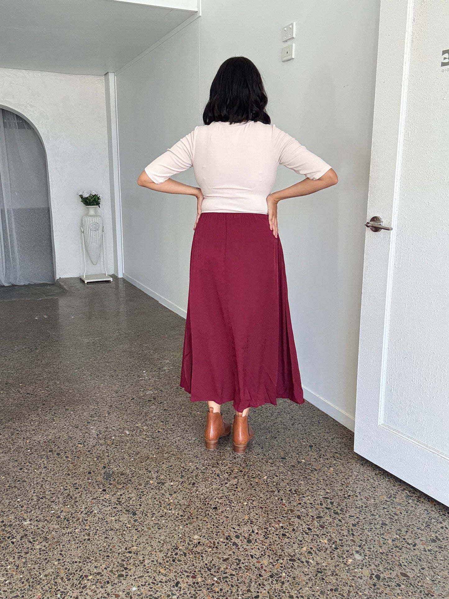 Maddie Midi Dress Beige/Burgundy STOCK ON HAND