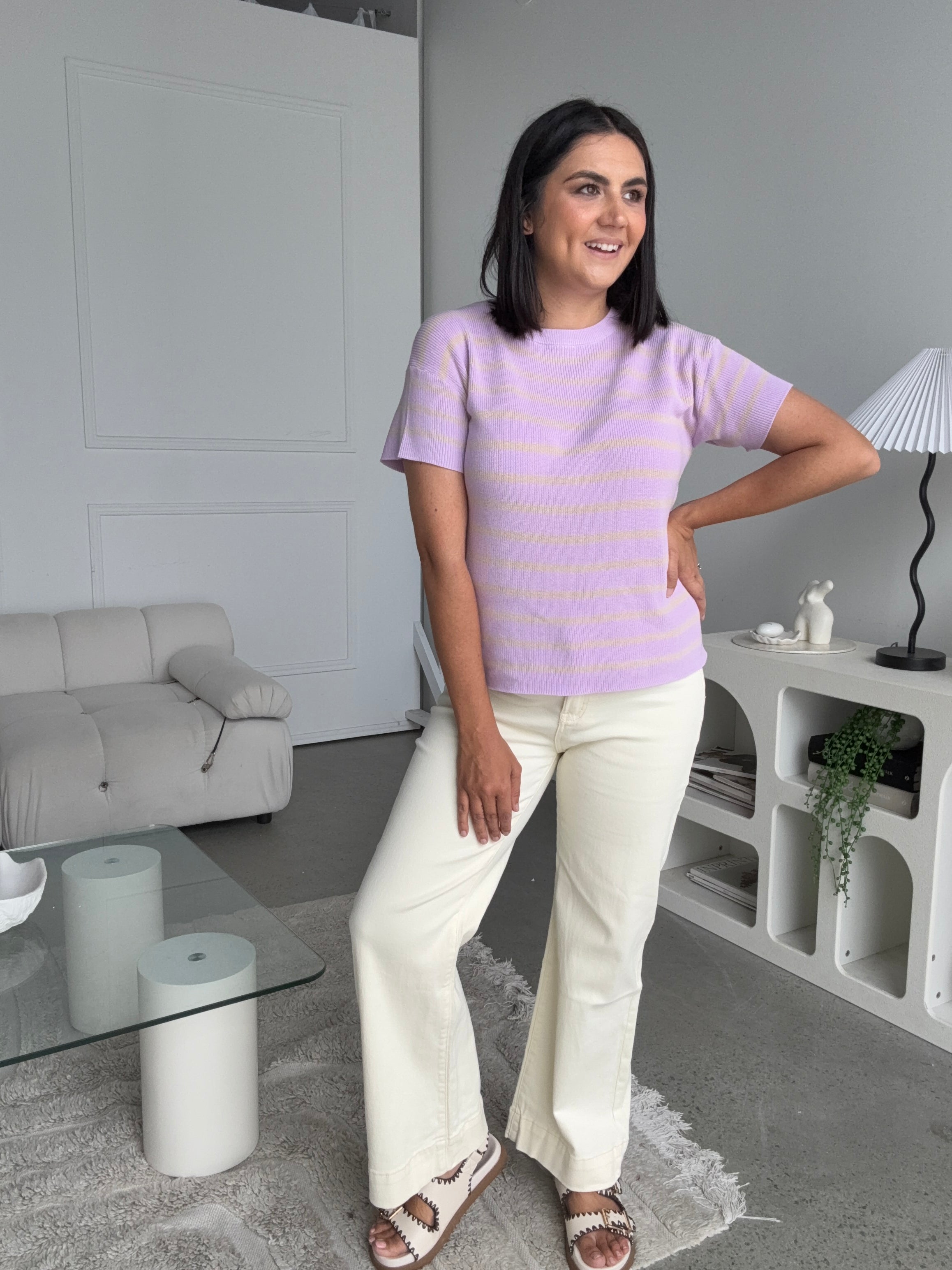 Miller Striped Knit Top Lilac/Beige