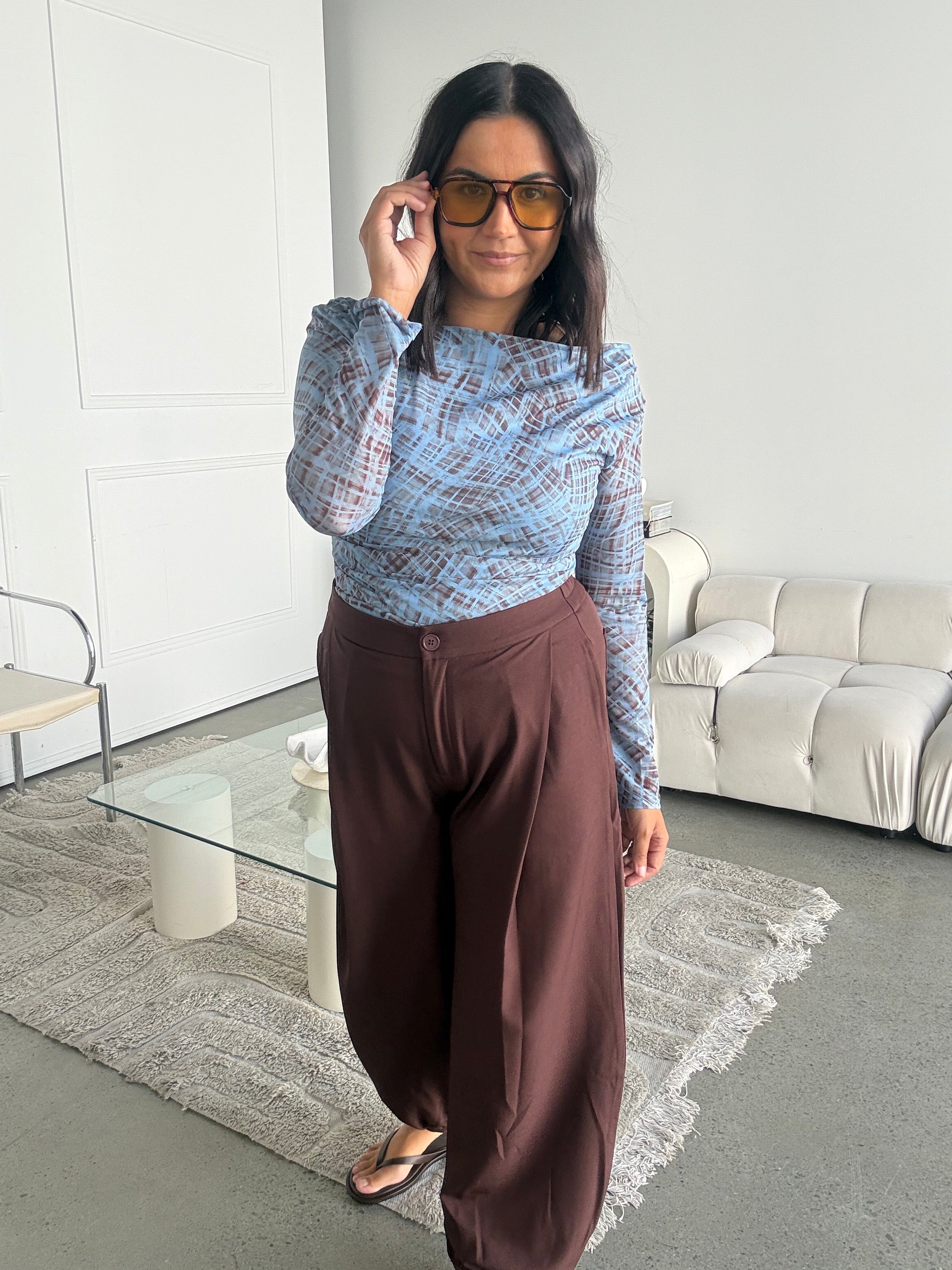 Check Mesh Side Ruche Top Blue/Brown