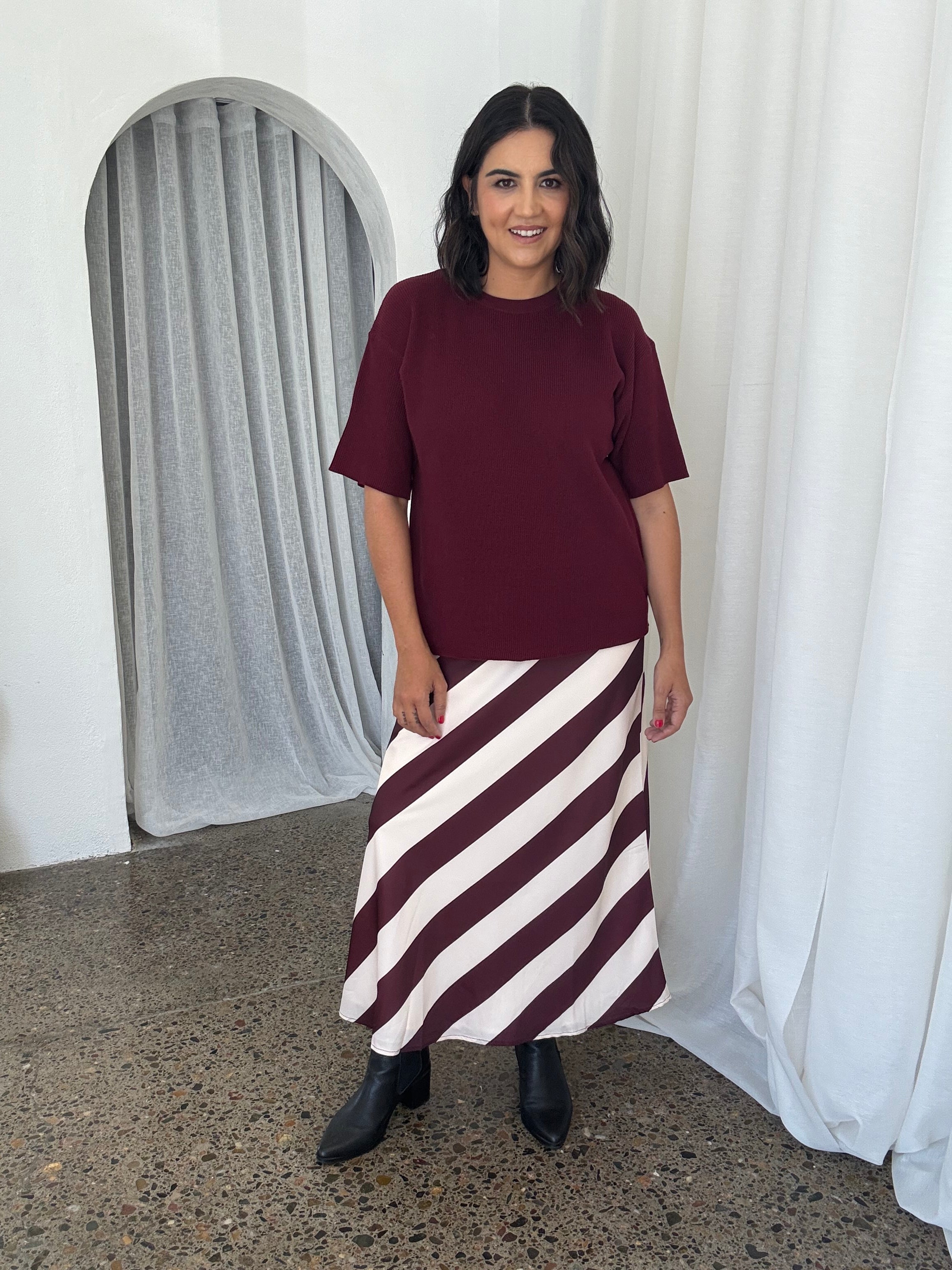 Surri Bias Stripe Skirt Merlot