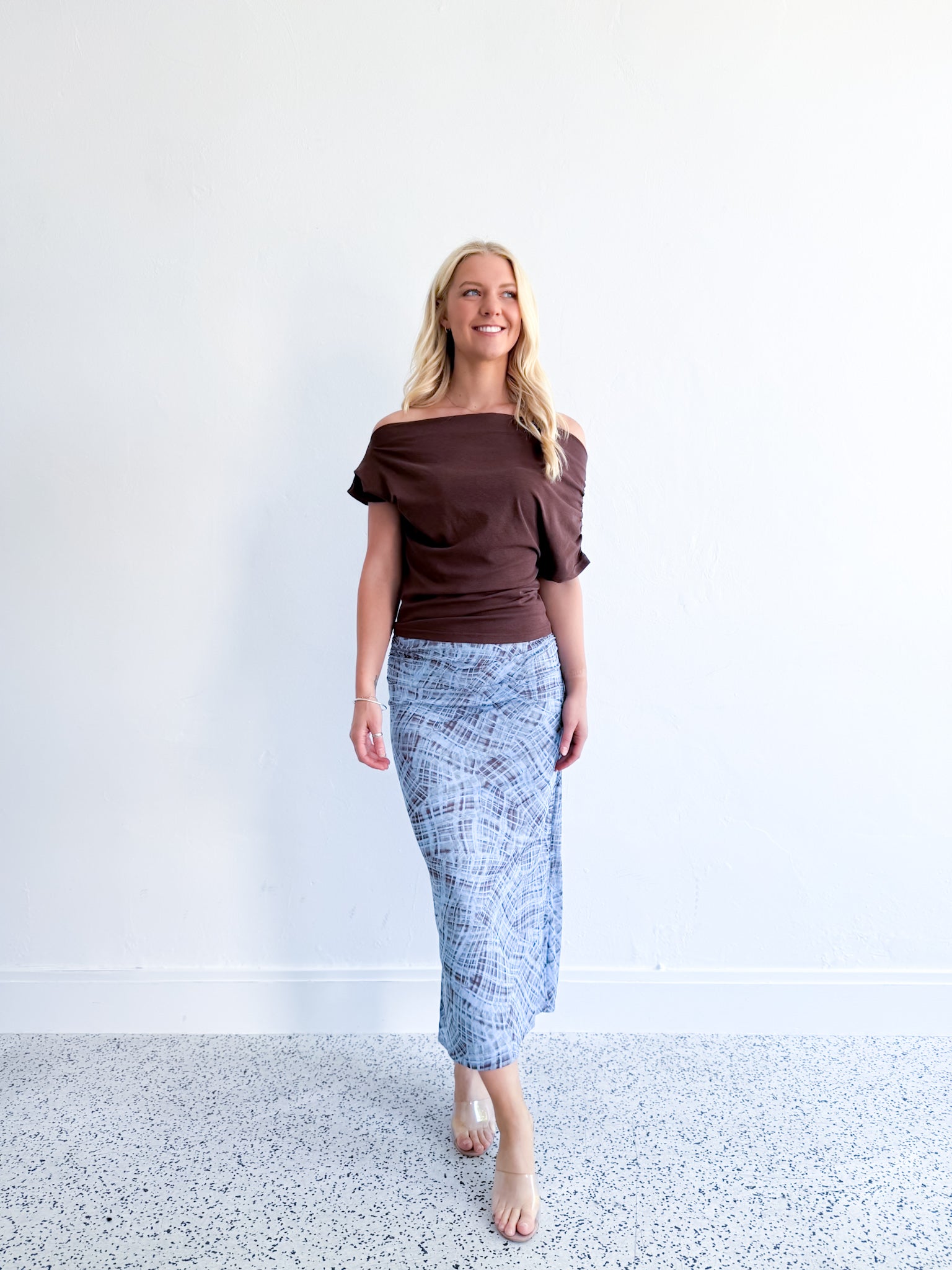 Check Mesh Midi Skirt Blue/Brown