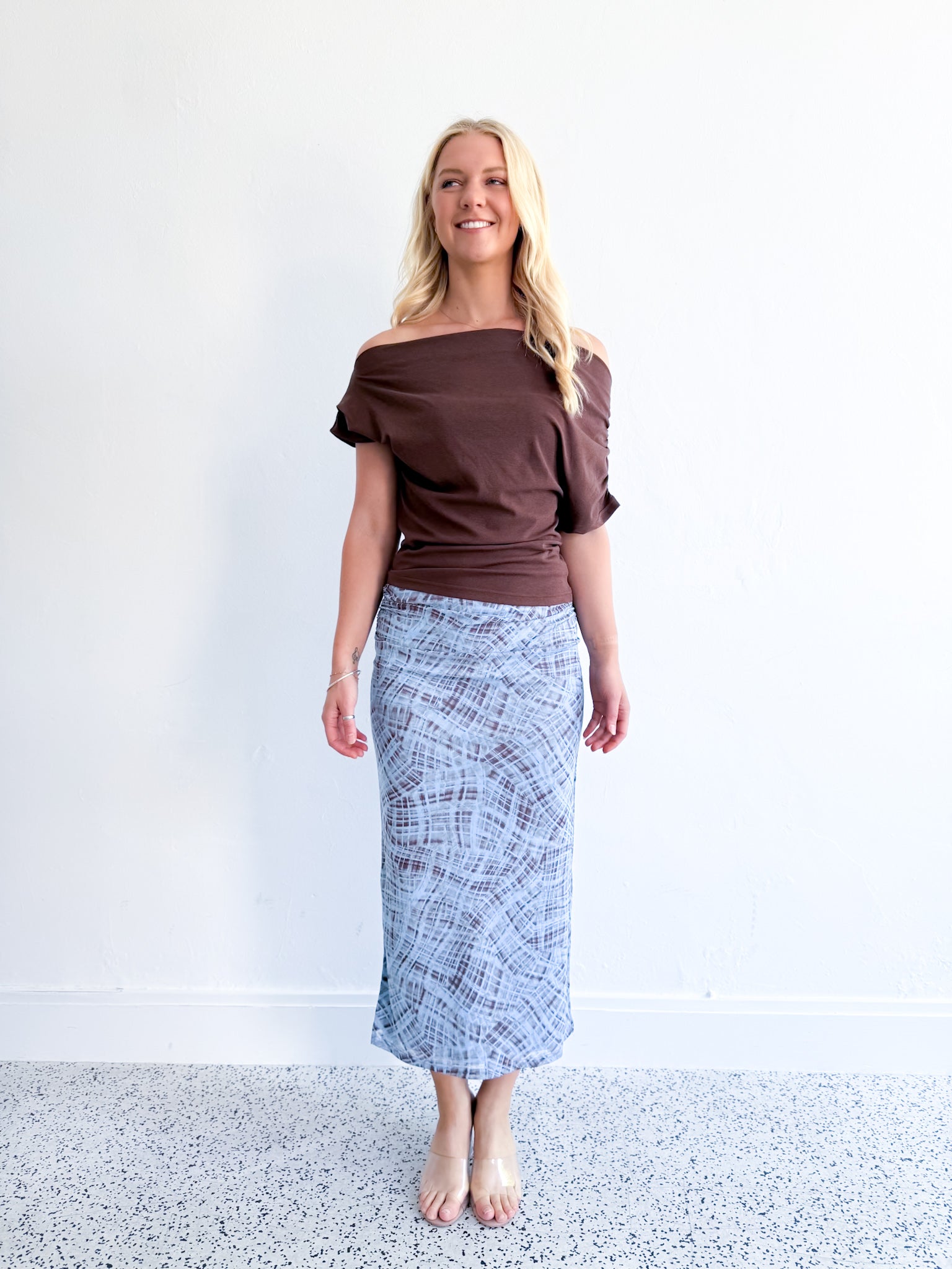 Check Mesh Midi Skirt Blue/Brown
