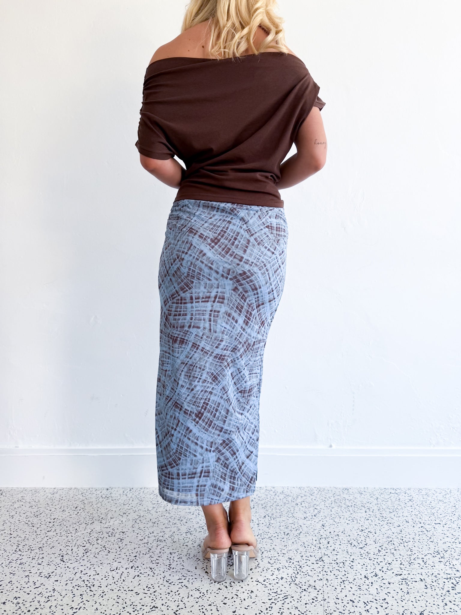 Check Mesh Midi Skirt Blue/Brown