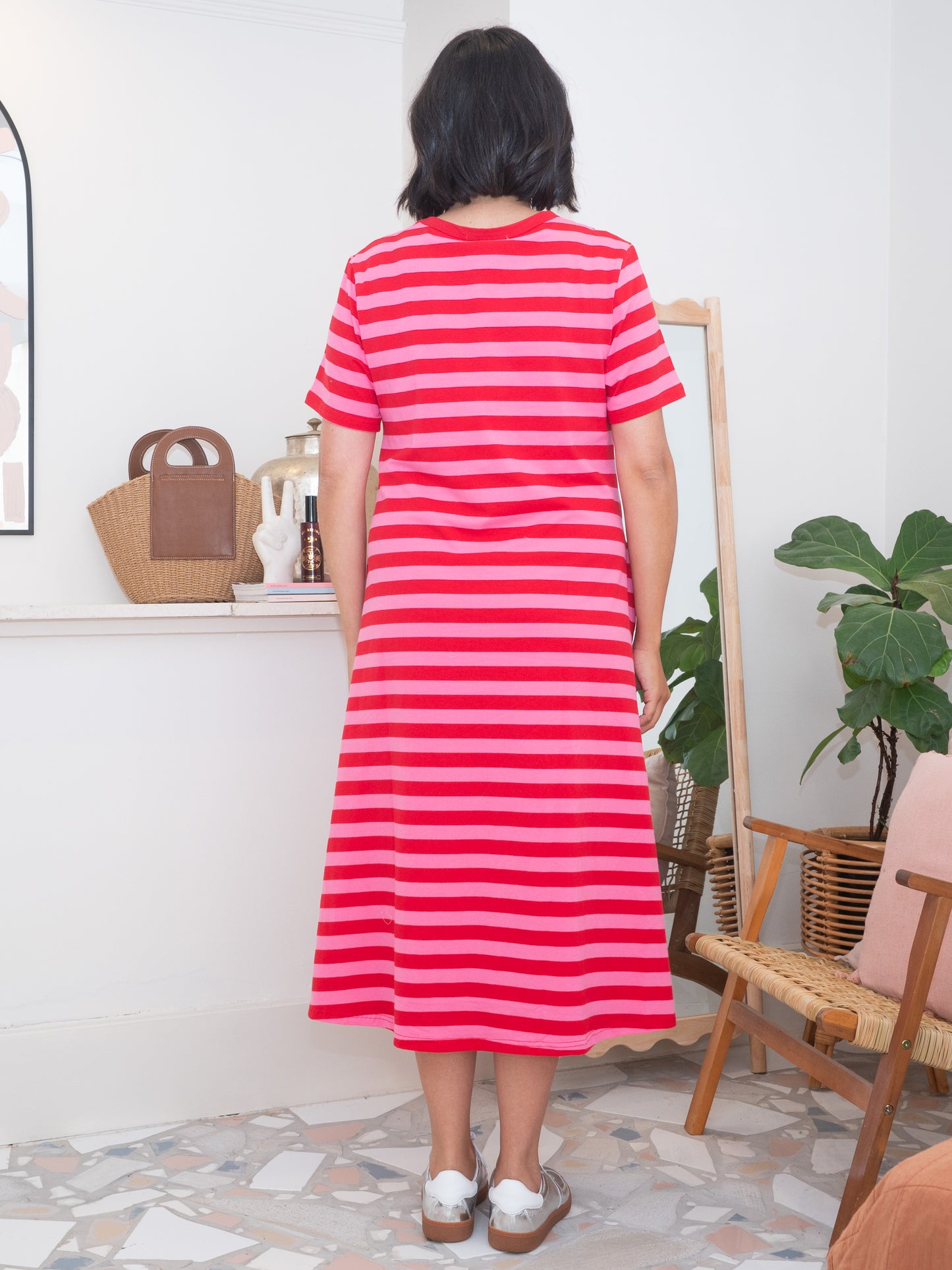 Cotton Jersey Stripe Dress Pink/Red