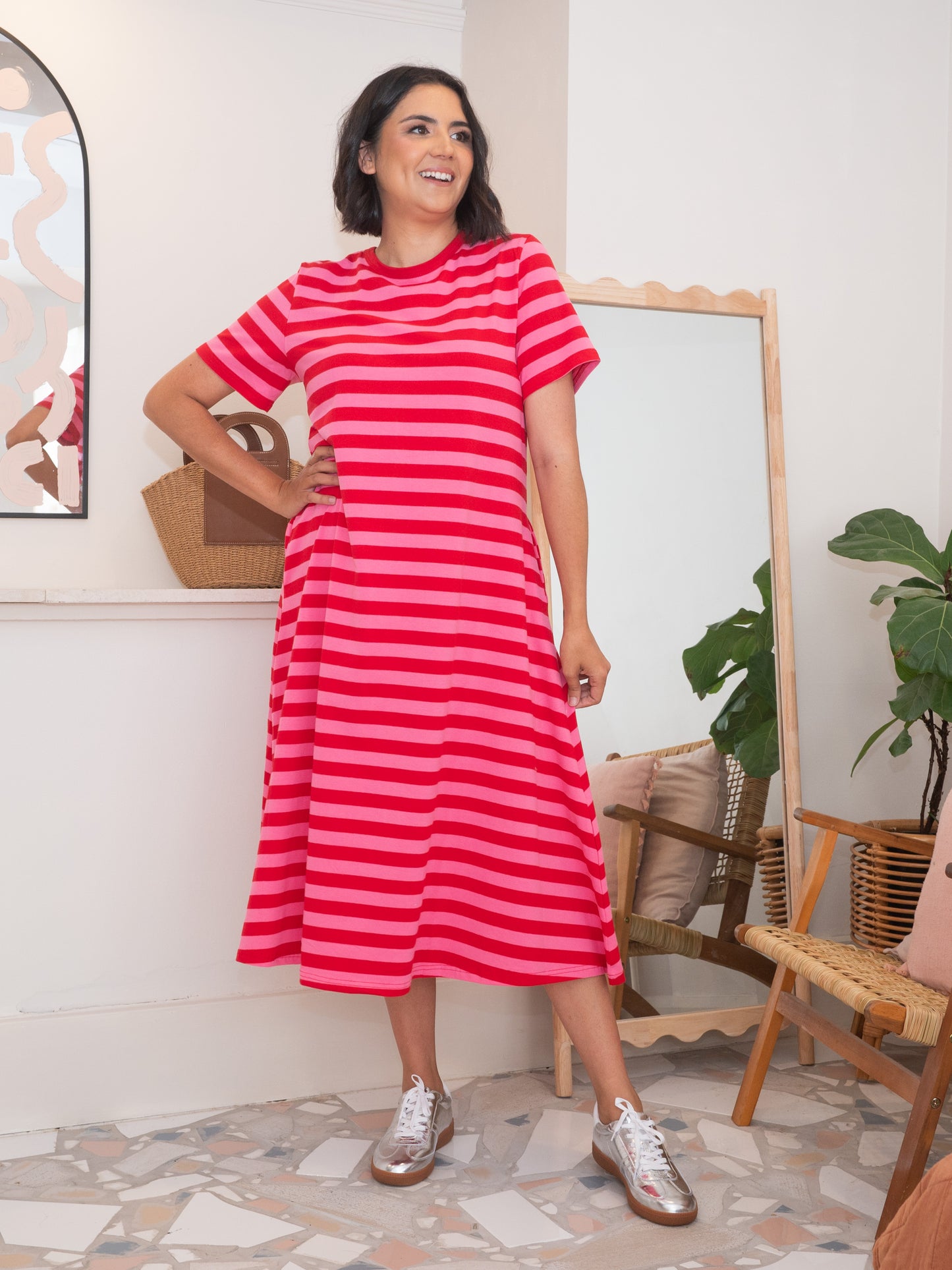 Cotton Jersey Stripe Dress Pink/Red